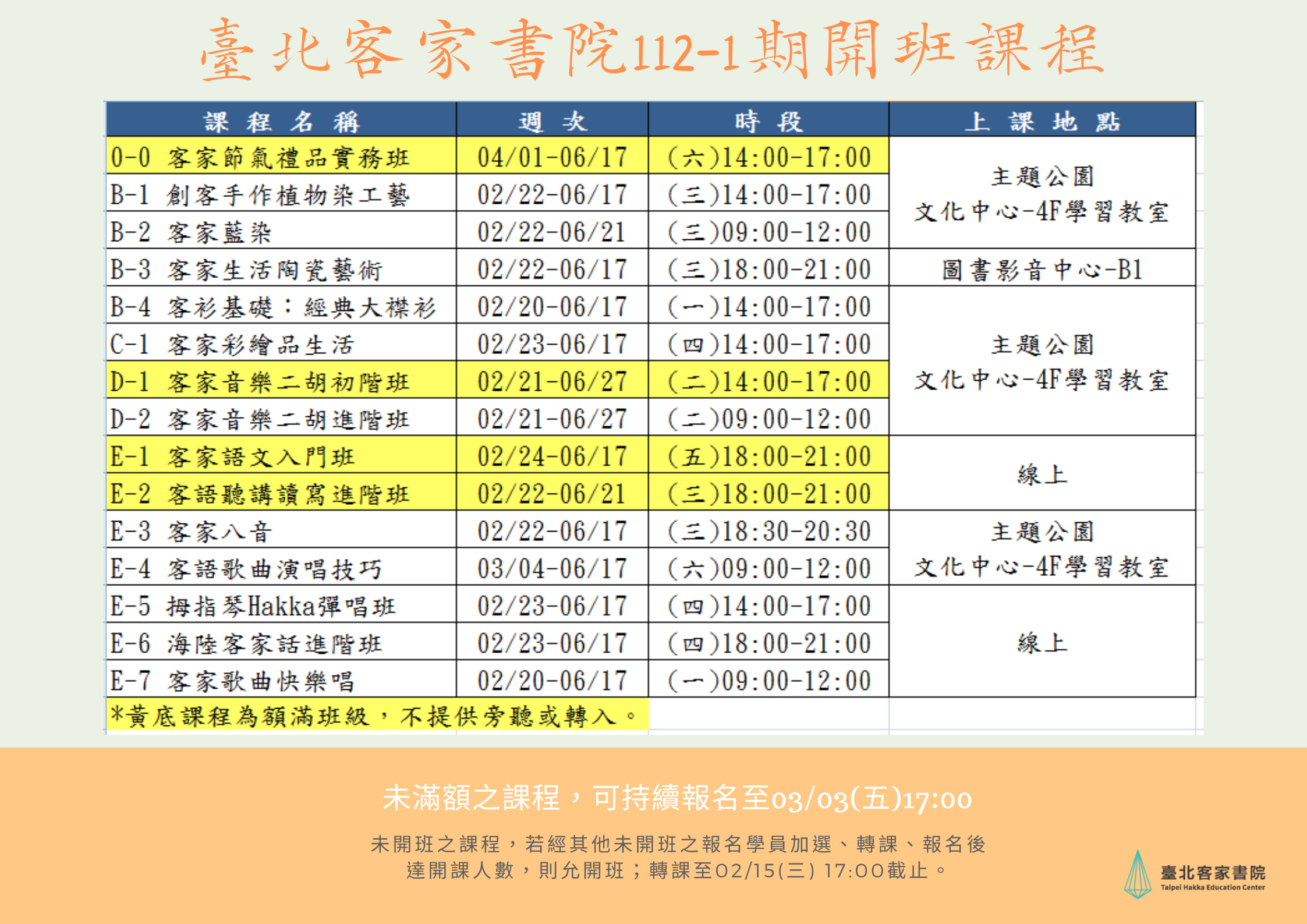 臺北客家書院112-1學期開班課程-公告
