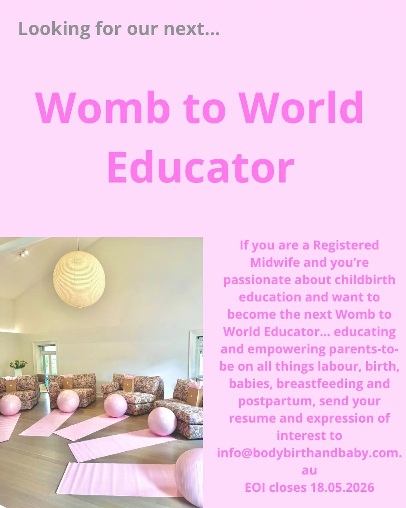 Exciting news&hellip; I am looking for our next Womb to World Educator 🥳

I&rsquo;m looking for a passionate Registered Midwife who loves educating parents-to-be on all things labour, birth, breastfeeding, babies and postpartum!

Covering Amber&rsqu