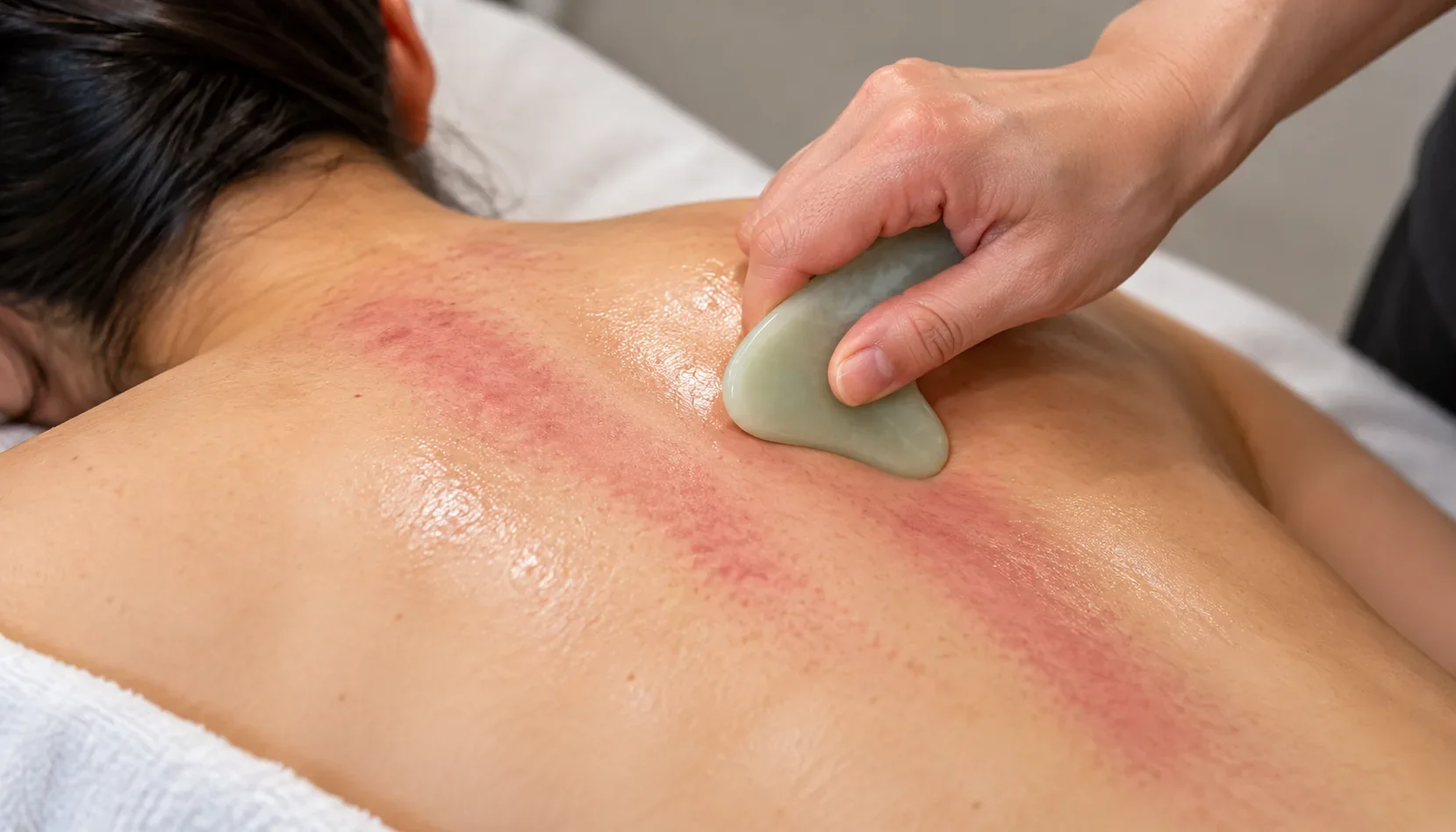Gua sha treatment being performed on a patient's upper back using a smooth-edged tool.