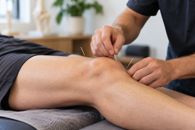 illustration of acupuncture being performed around a patient's knee
