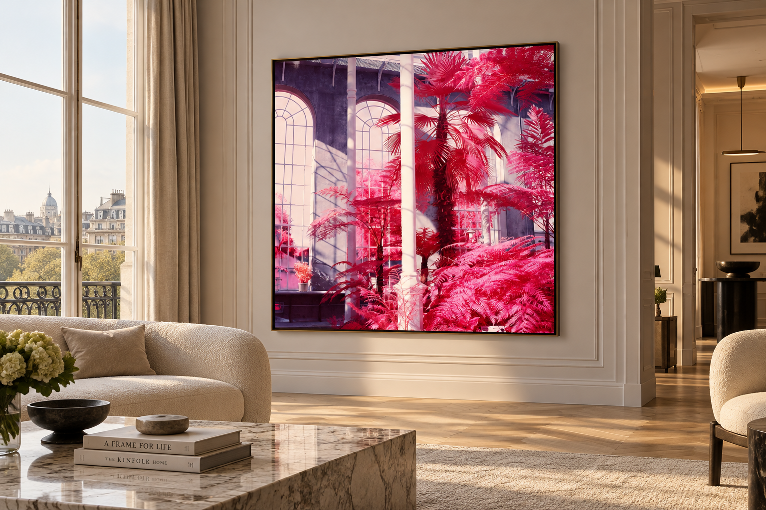 Elegant Living Room with Vibrant Greenhouse Art.png