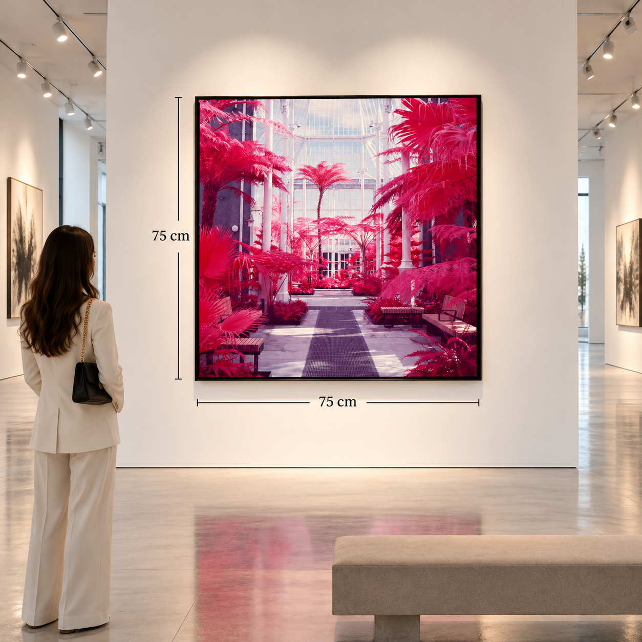 Modern Gallery Display with Pink Greenhouse Artwork.png