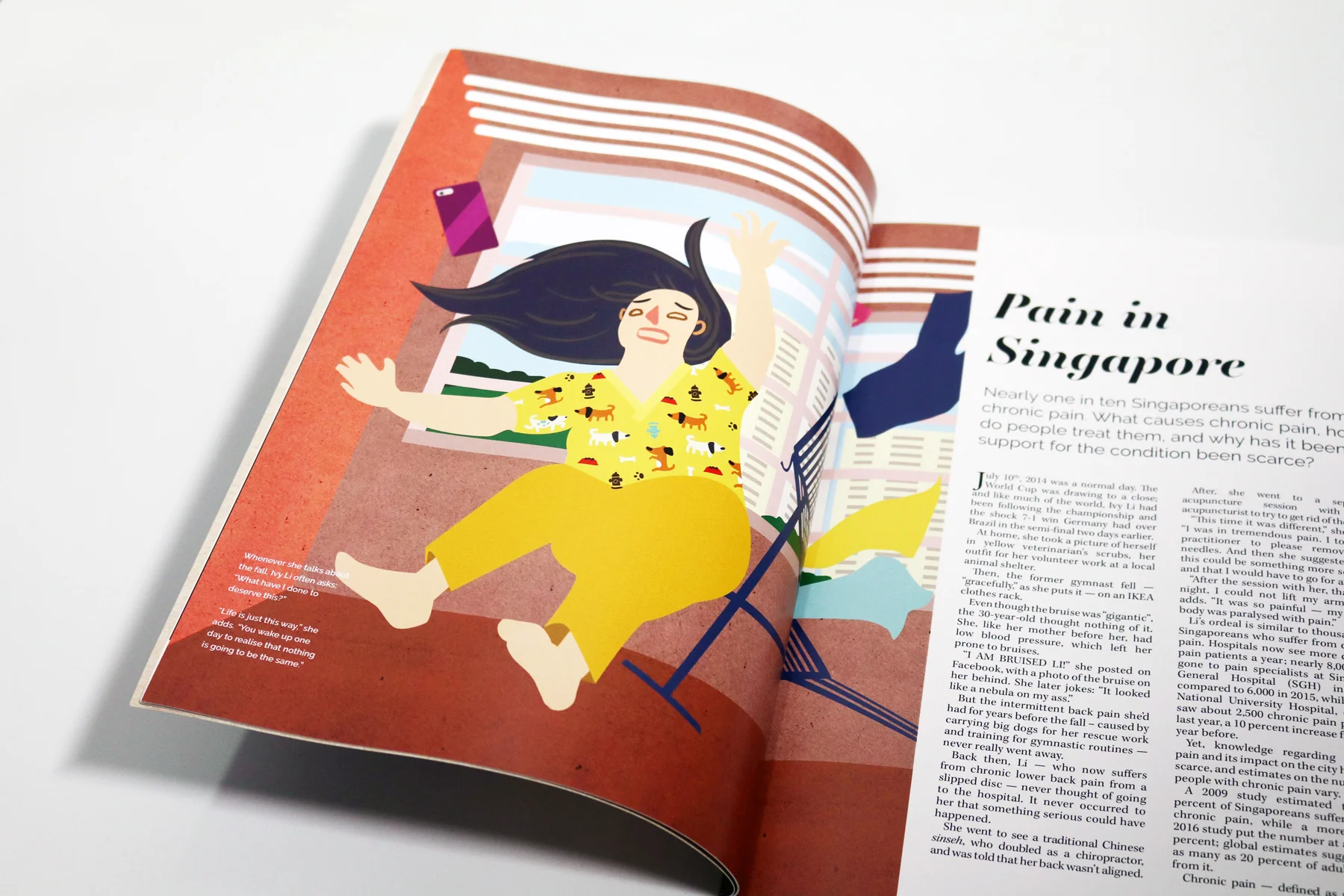 In 2018, I was commissioned by writer Ng Yi Shu to create a selection of visuals for his long form piece on how pain is dealt with in Singapore. I contributed cover art, 8 editorial illustrations and 2 infographics. Read it here.