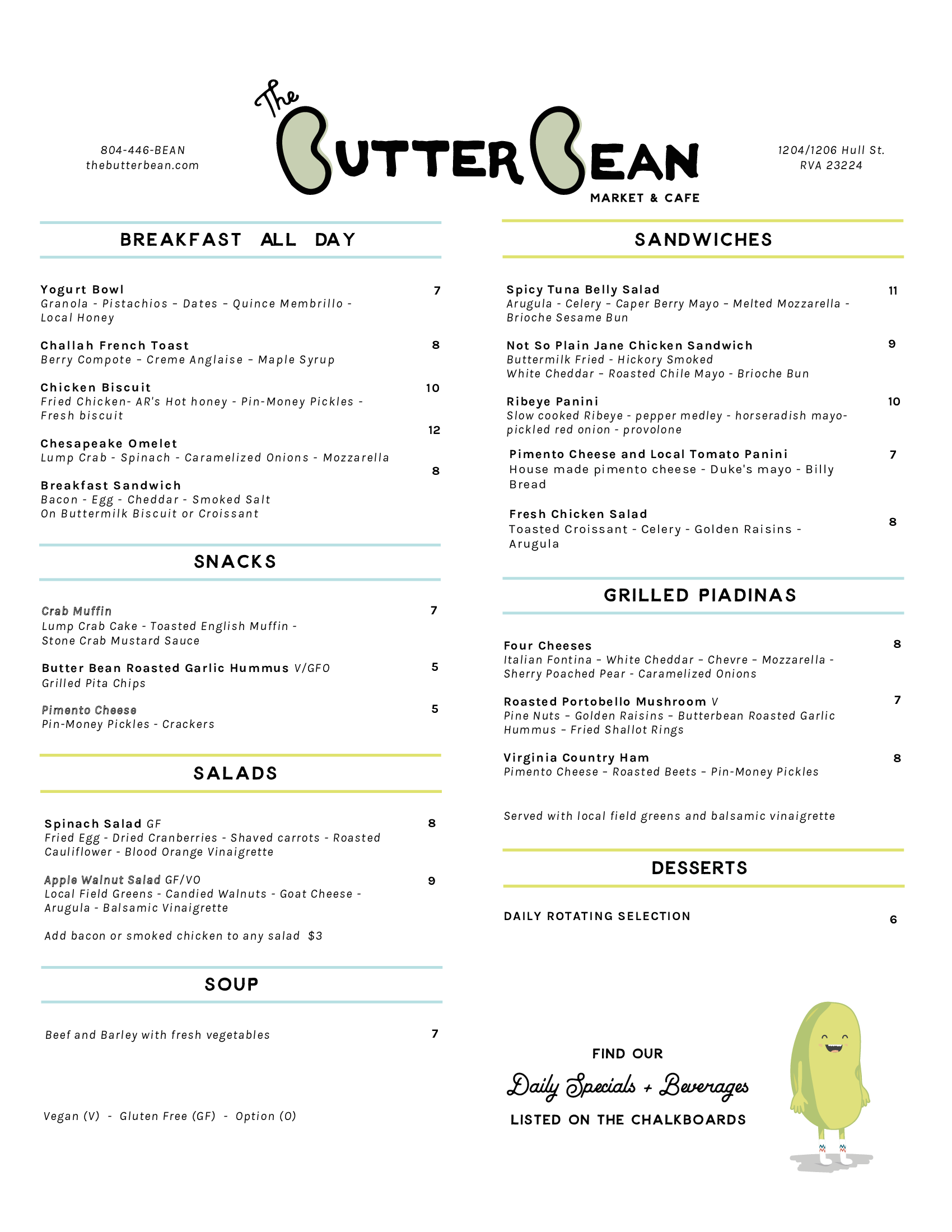 Menu The Butterbean Market Cafe