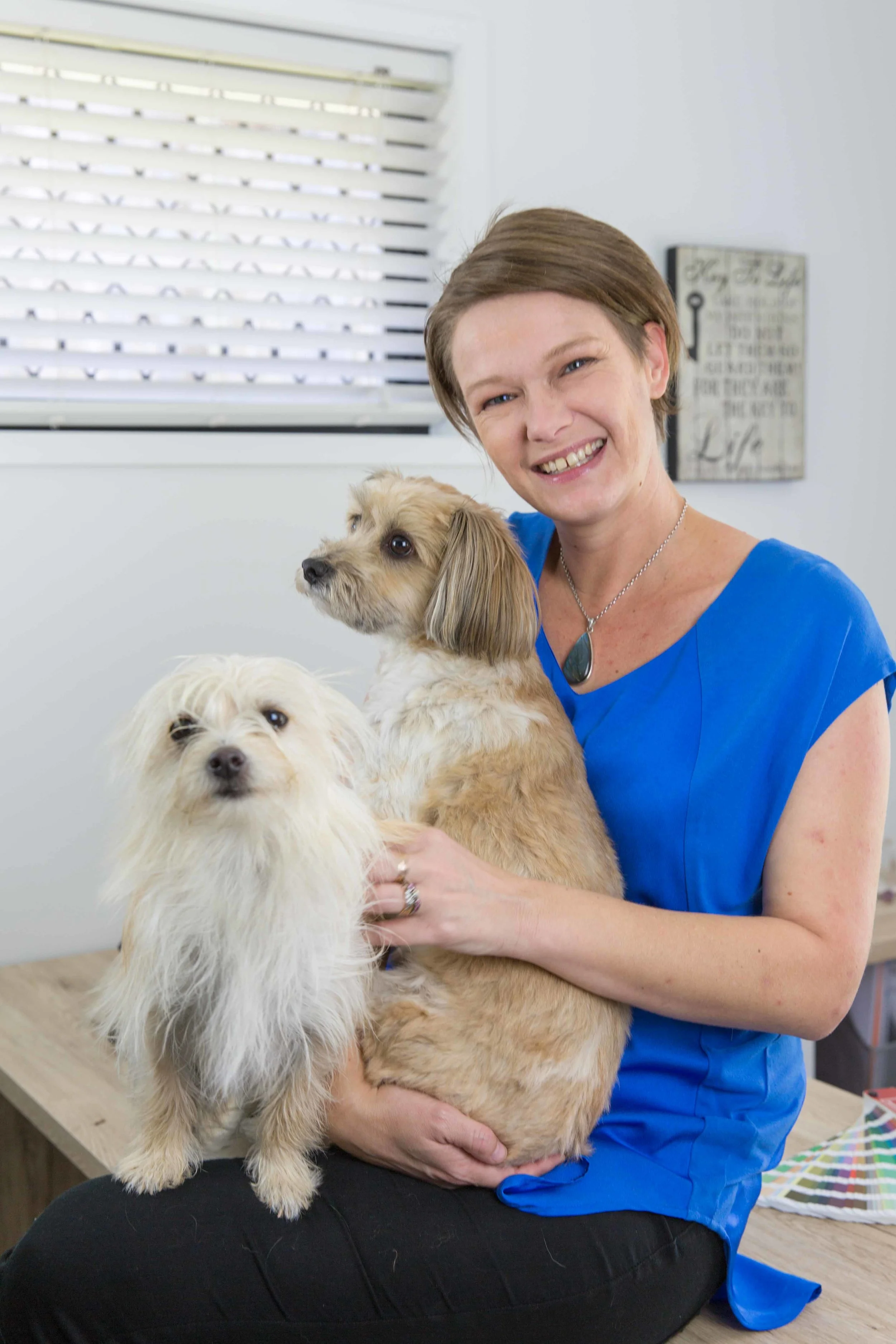 Karoline with our furry studio managers -  Poppy  the long hair Chihuahua (mischief maker) and  Maxi  the Maltese x Jack Russell (mummy's boy)