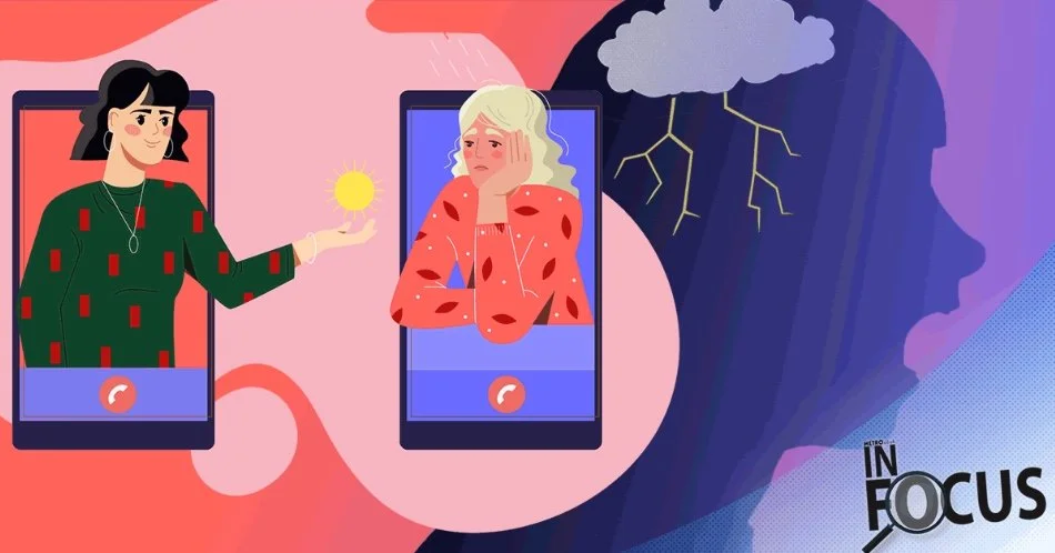 An illustration depicting two women on video calls. One woman is outside holding the sun, and the other woman appears sad with storm clouds and lightning above her head, symbolizing mental health struggles.