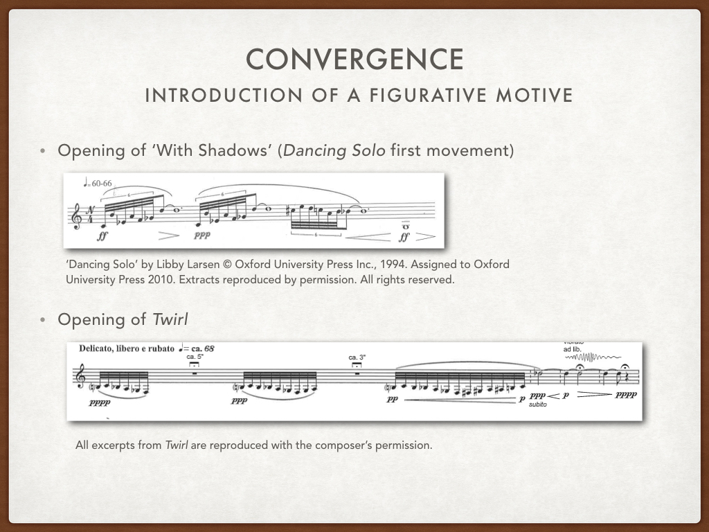 At the beginning of the lecture I identified style and time as two musical aspects I discovered these composers converge on. To analyze how these aspects manifest themselves in these two pieces, I discussed how each composer used motivic development and pulse for artistic means. Both pieces begin with what I will refer to as a ‘figurative motive’, sextuplets, which become, in my opinion, the most important motivic source material for both entire pieces. Larsen’s sextuplet is presented three times, immediately signifying its importance to the listener. These sextuplets return identically throughout the first movement, as well as in modulated and transposed form. Klami’s motive is slightly different; it's introduced and then developed three times in quick succession, with each iteration slightly longer and slightly louder than the previous one. And instead of holding a sustained pitch and repeating identically to draw focus to the opening statement, as Larsen does, Klami prefers to use silence, drawing the listener in closer and isolating the figuration so it is the only musical sound. Both Larsen’s and Klami’s opening statements, contain three figurations, and both end on a long note and/or fermata, denoting a clear separation, and emphasizing importance, between these opening phrases and what follows. From here, however, the way each composer develops and uses the motive is very different.