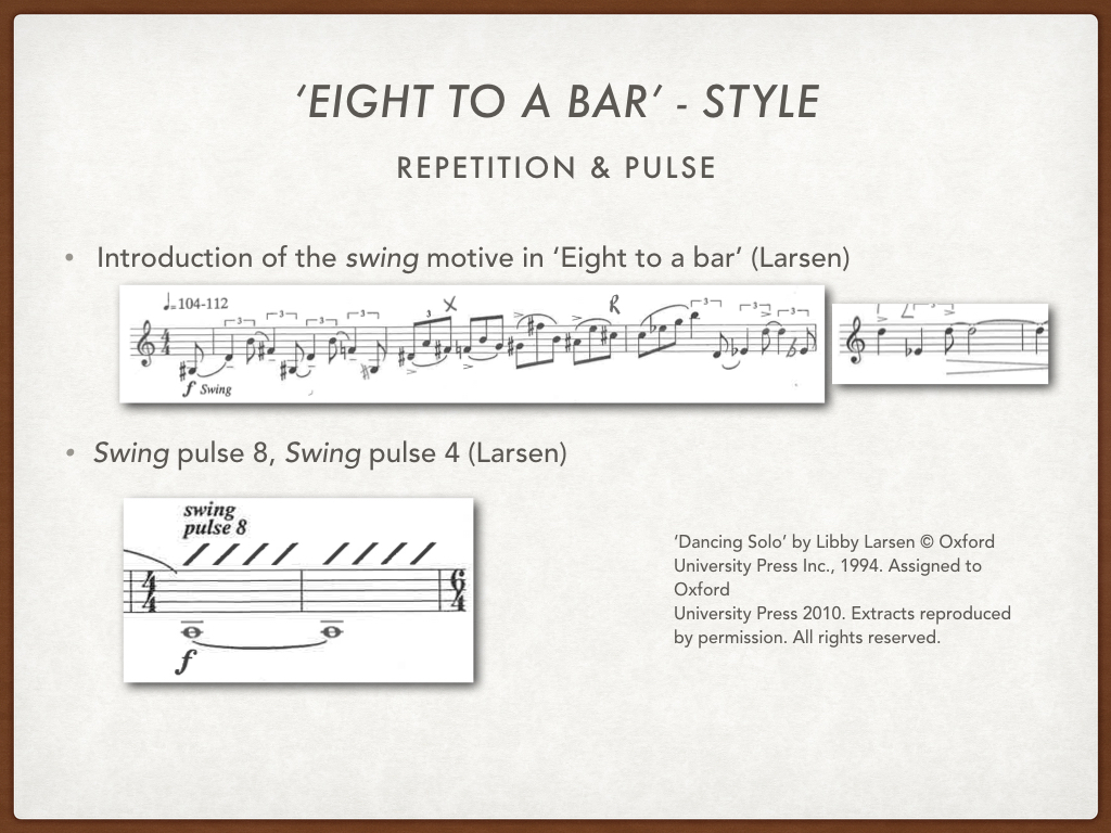 The 2nd movement of Dancing Solo, is really where I felt that Larsen established the vernacular she’s now really known for, and the one that she stays with for the remainder of the piece. Already from the beginning, shown above, she writes swing, signaling to the player a shift in style different than the first movement. Also different in this movement is the title: ‘Eight to a bar’, more of a rhythmic/quantitative title than the first movement, ‘With Shadows’. In ‘Eight to a Bar’, Larsen again used repetition for structure and cohesion. The simple swing pattern returns throughout the work to provide unity and also establish a stylistic vernacular voice. The swing also has a much more solid inherent pulse than the material we heard in the first movement. To make even more sure that the player and audience feels the pulse, Larsen notates pulsed whole notes throughout the entire movement. I’ve excerpted one as an example here. These pulsed whole notes, in my opinion, contribute to the dialectal or idiomatic nature of this movement’s style, as well as reinforce the driving pulse by instructing the clarinetist to physically indicate pulse as part of the musical expression. 