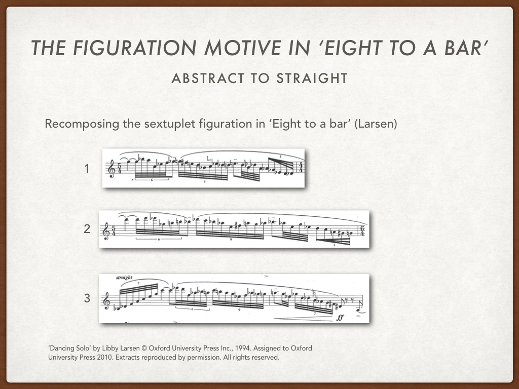 The motivic sextuplet also returns in this movement, but this time it is recomposed as a quasi-cadenza, which occurs three times in the movement, in between swing sections. Not only does the repetition contribute to the formal structure, but it also provides a contrast, stylistically and rhythmically, to the swung sections. These cadenzas serve as a suspension of time in the movement - the swing is cruising along, and then all of a sudden the tied quarter note almost feels like a fermata, pausing whatever is going on for what is about to happen. But, as you can see here, by the third ‘cadenza’, Larsen notates ‘ straight ’ which I took as an indication that the material is morphing more into the style the second movement, rather than the abstract presentation of the first movement. I also took it as an indication that more liberty could be taken with the first two statements. What Larsen demonstrates in this movement, is the wide variety of musical styles that influenced her - from the expressive classical tonal to the popular and folk. And she uses the same compositional techniques - repetition of a small amount of musical materials and utilizing a rhythmic pulse.