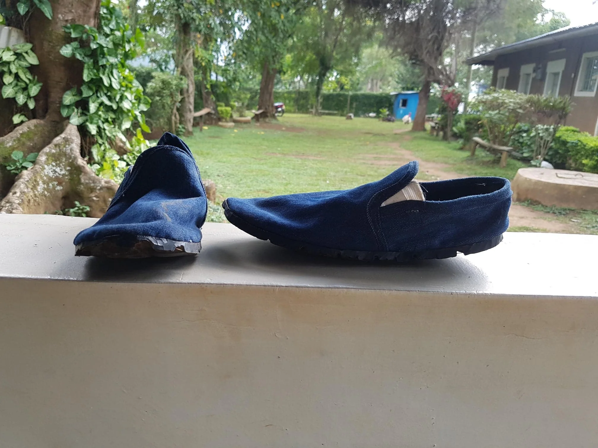 The initial prototype of the shoe, made from recycled denim and car tires.