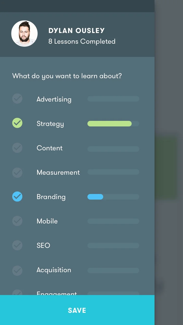 With creating new categories, we needed to figure out how to communicate how much the user knew about a certain topic and how far they had advanced in each, so we created a tracker. 