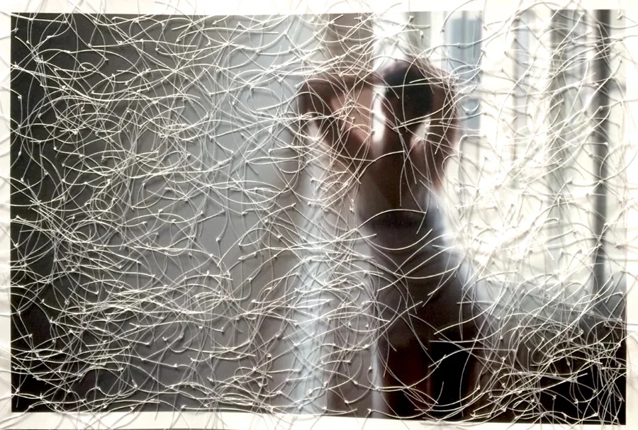 Sissi Farassat, Me, 2014, Unique C-Print embroidered with white Thread, 24 x 36 cm, Unique piece