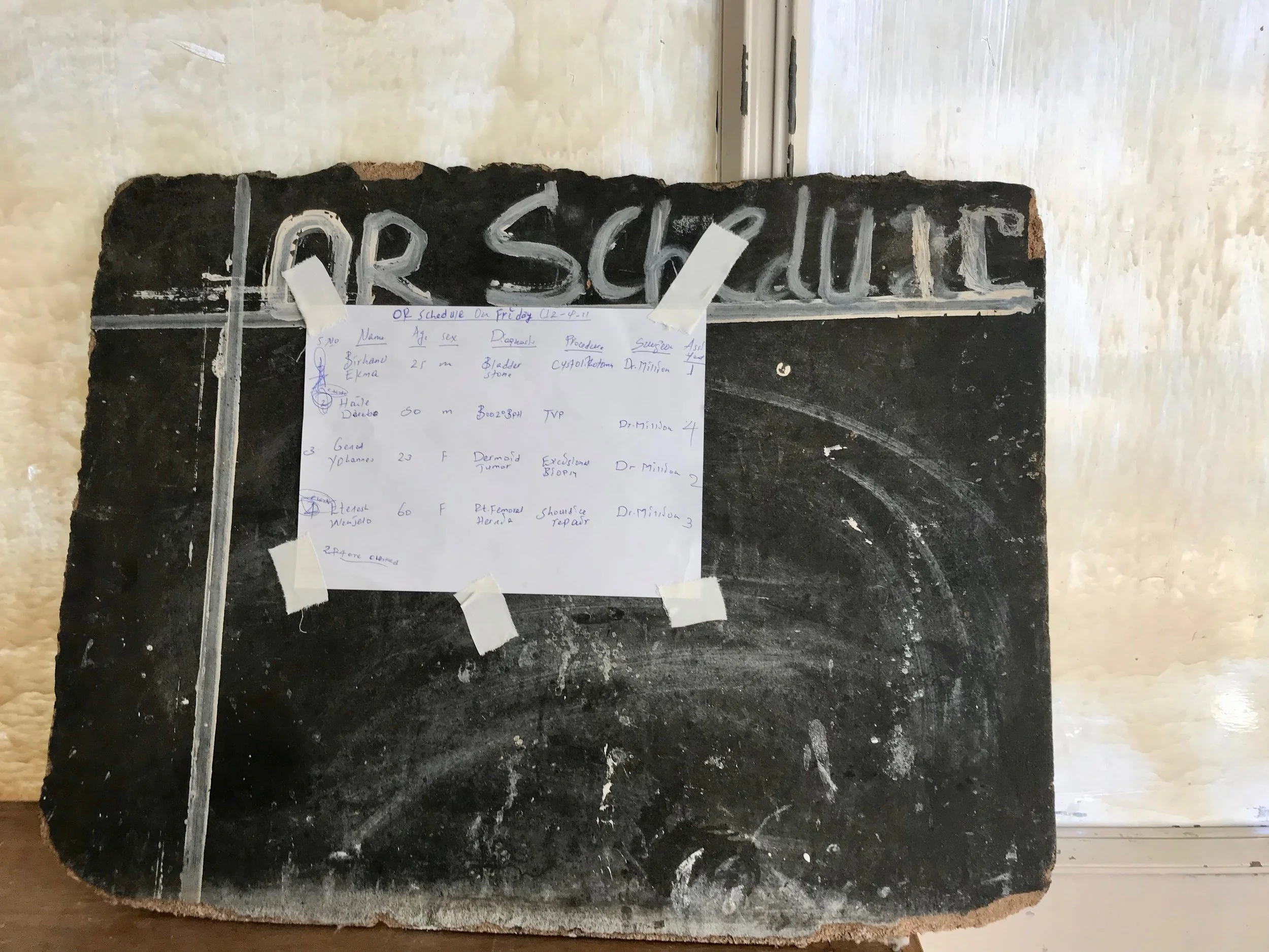 The OR schedule was posted just outside the surgical unit. There were four procedures scheduled that day; bladder stone procedure, dermoid tumor biopsy, right femoral hernia, and a prostate procedure.