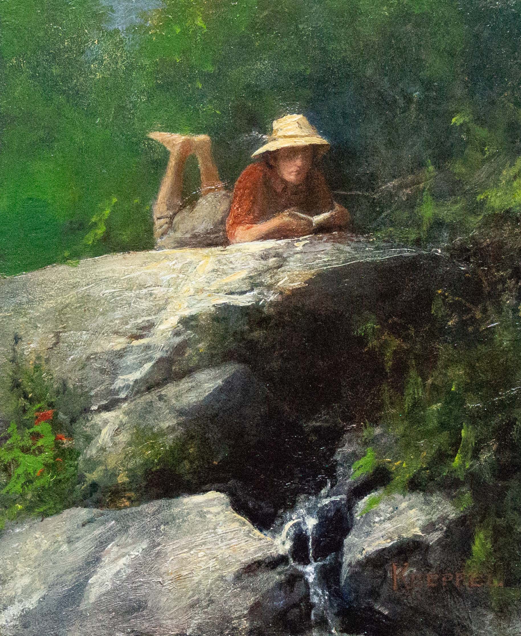 Child Reading by the Falls