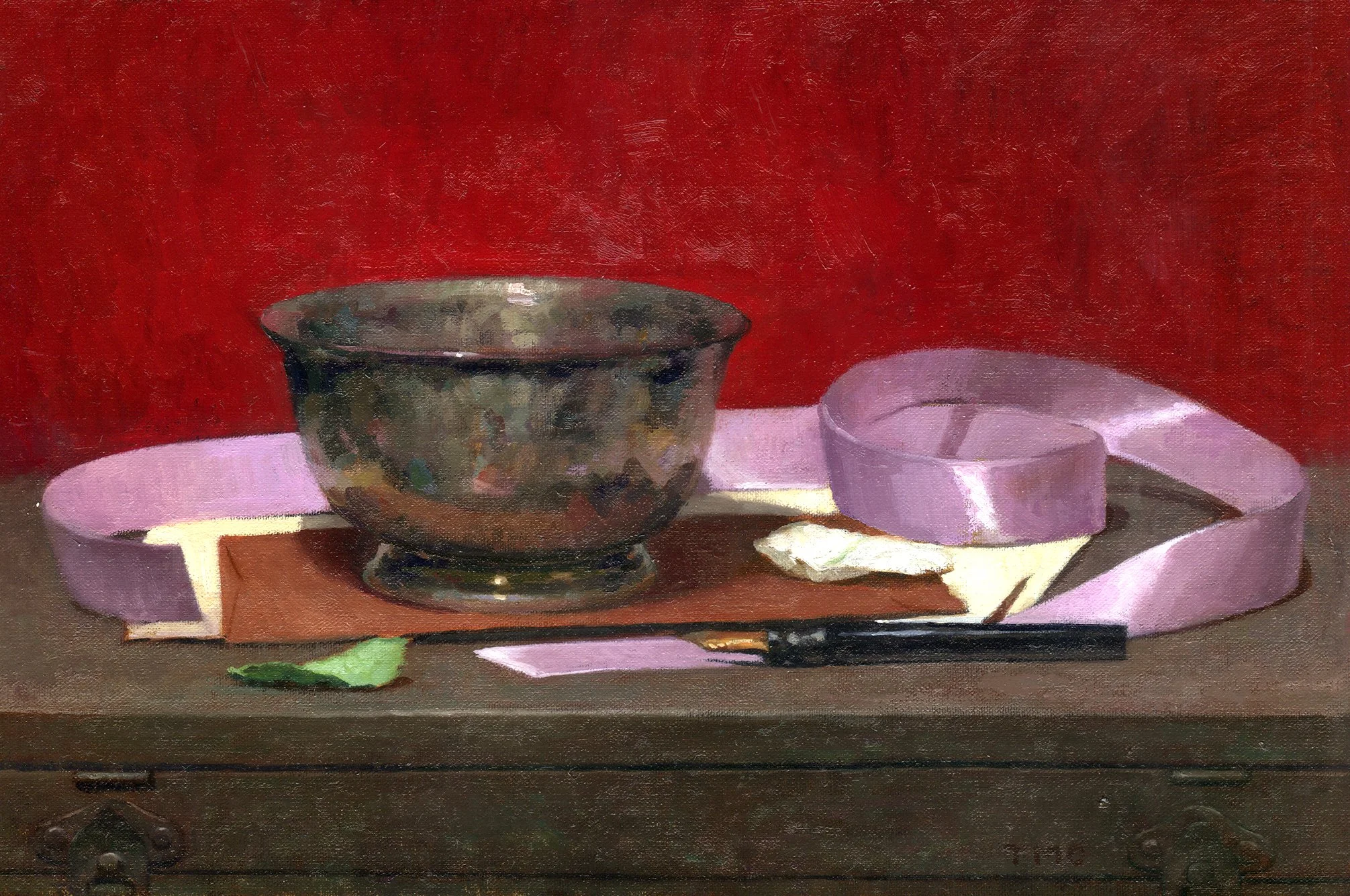 Silver Bowl with Pink Ribbons and Letters