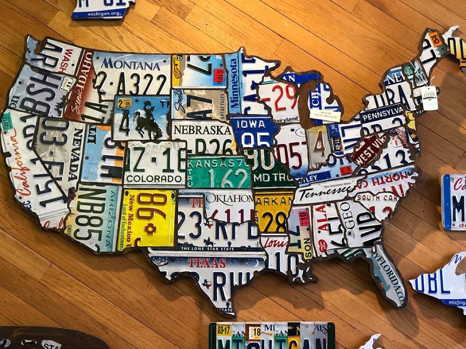 Vintage License Plate USA Map of the United States Steel Metal Garage Sign 19x13 