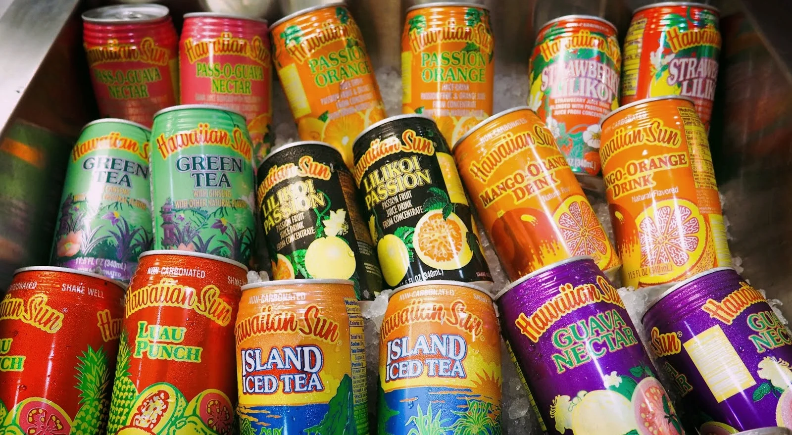 HAWAIIAN SUN guava nectar, passion orange, pass-o-guava nectar, pineapple orange, green tea lychee, strawberry lilikoi, mango orange, green tea