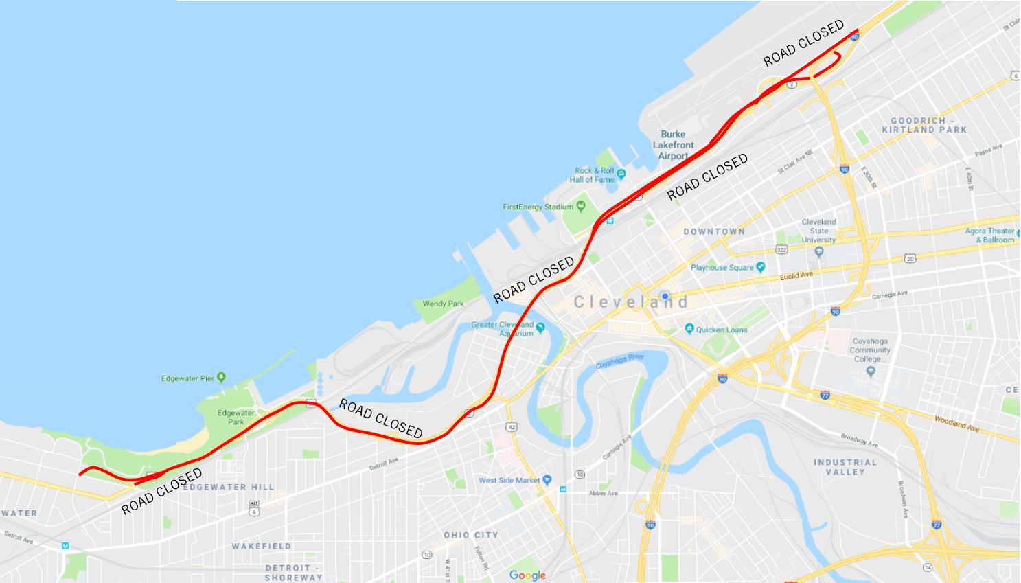 From 4:30am to 12pm on both Saturday and Sunday, Aug. 10 and 11, the Shoreway will be closed. Eastbound Shoreway – Lake/Clifton & West Blvd to Muni Lot Westbound Shoreway – Dead Man’s Curve to Lake/Clifton & West Blvd