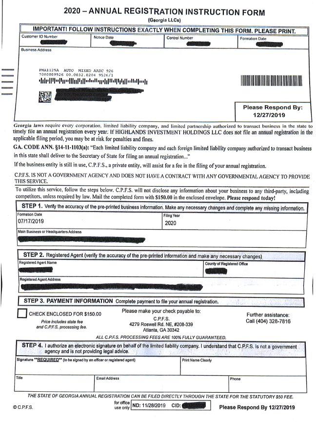 SCAM ALERT: C.P.F.S. Annual Registration Letter
