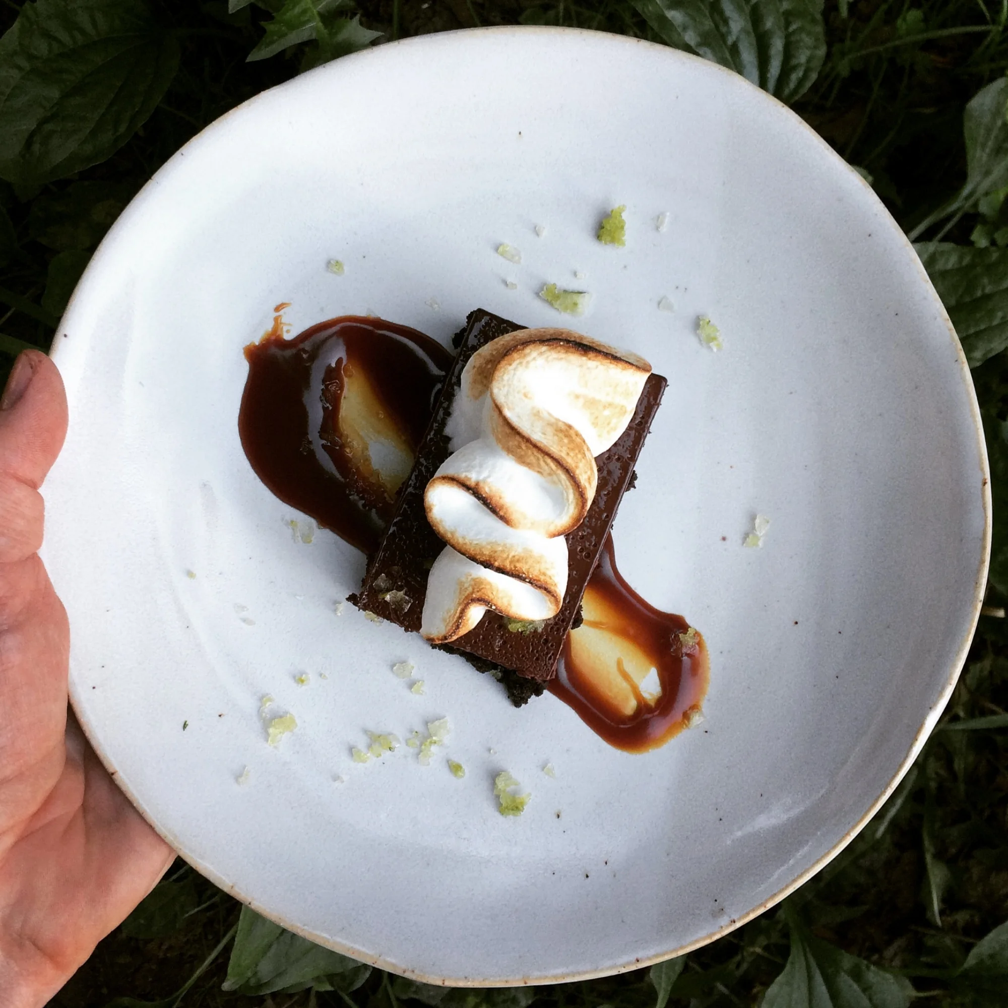 Chocolate cake, Graham cracker mousse, Marshmallow, Salted butter caramel, Spruce tips;  Delhi, NY