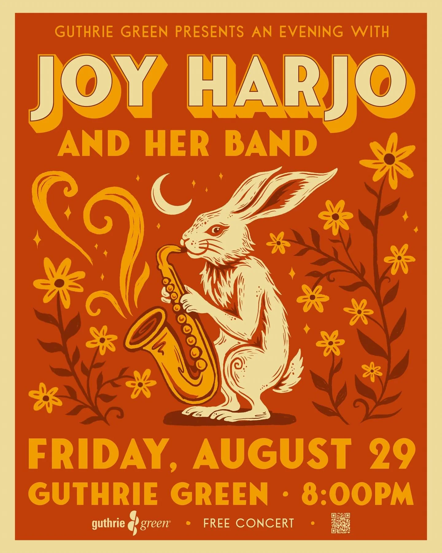 I had the honor of creating this poster for the upcoming performance by Joy Harjo and her band at Guthrie Green! The show is this Friday at 8pm and it&rsquo;s FREE! Joy is such an inspiration to me, and I always leave her performances with a great se