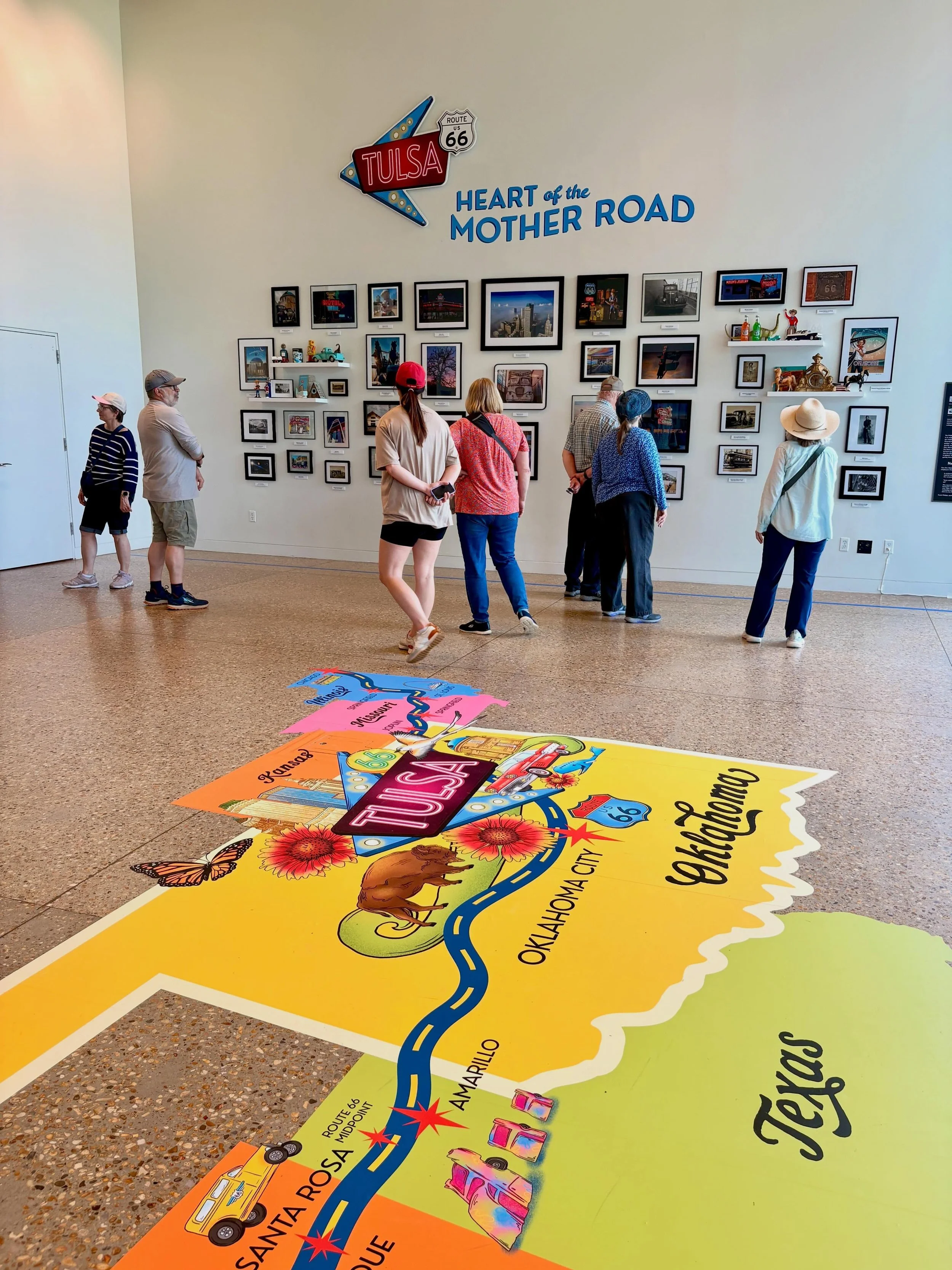 I&rsquo;m really really excited to share this HUGE project I&rsquo;ve been working on!! I created this large scale floor map of Route 66- now on view in the Boathouse at Gathering Place! This project was truly a labor of love, featuring over 20 hand 