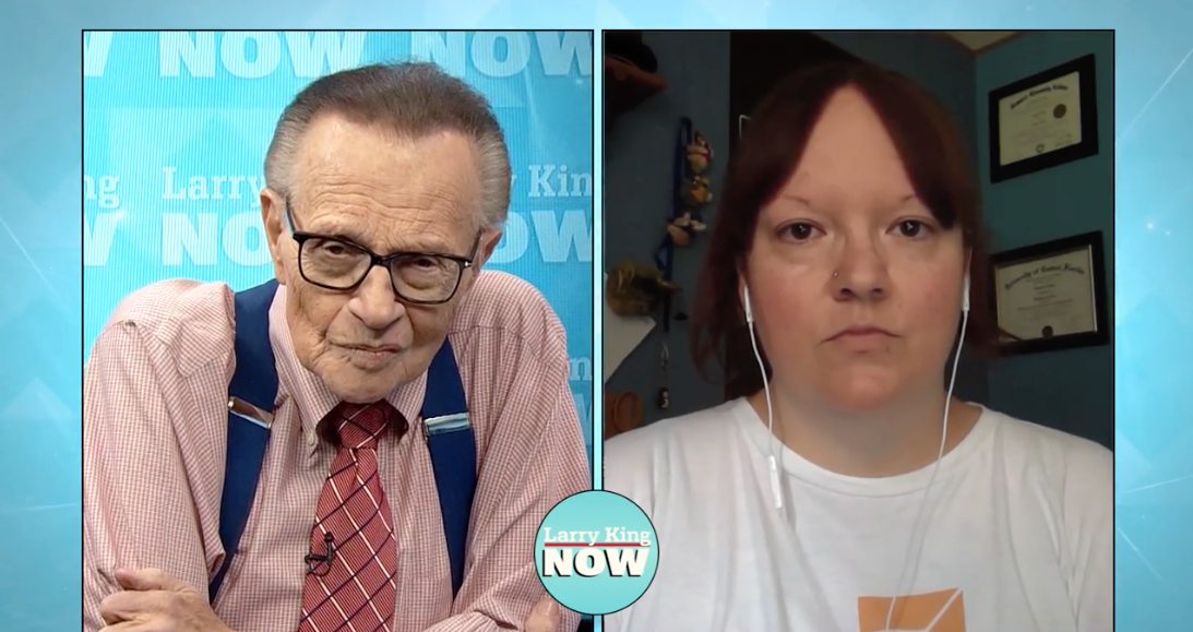 Angela King, a cofounder of Life After Hate pictured here in a January 2019 interview with Larry King, helps formers navigate the often-thorny landscape of media requests and interviews.