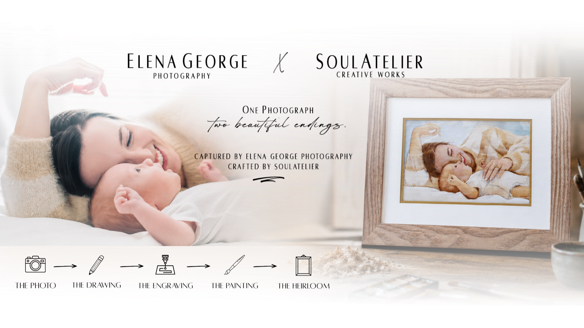 Elena George Photography portrait transformed into handcrafted watercolor artwork on wood by SoulAtelier