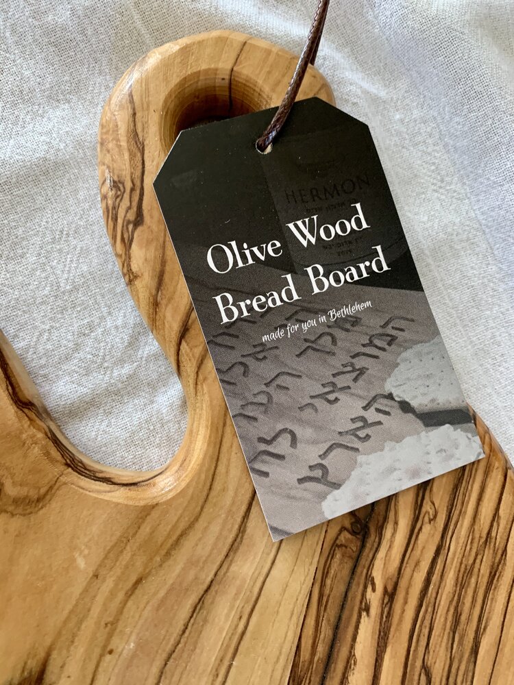 Olive Wood Bread Board with Hebrew Blessing and Curved Handle — Travel the  Text