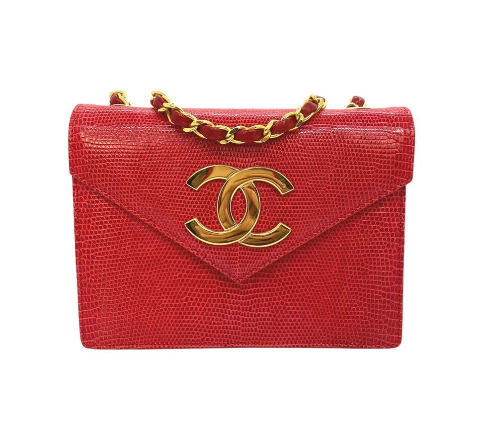 Chanel Vintage Red Lizard Envelope Cross Body Flap Bag with Gold Hardware