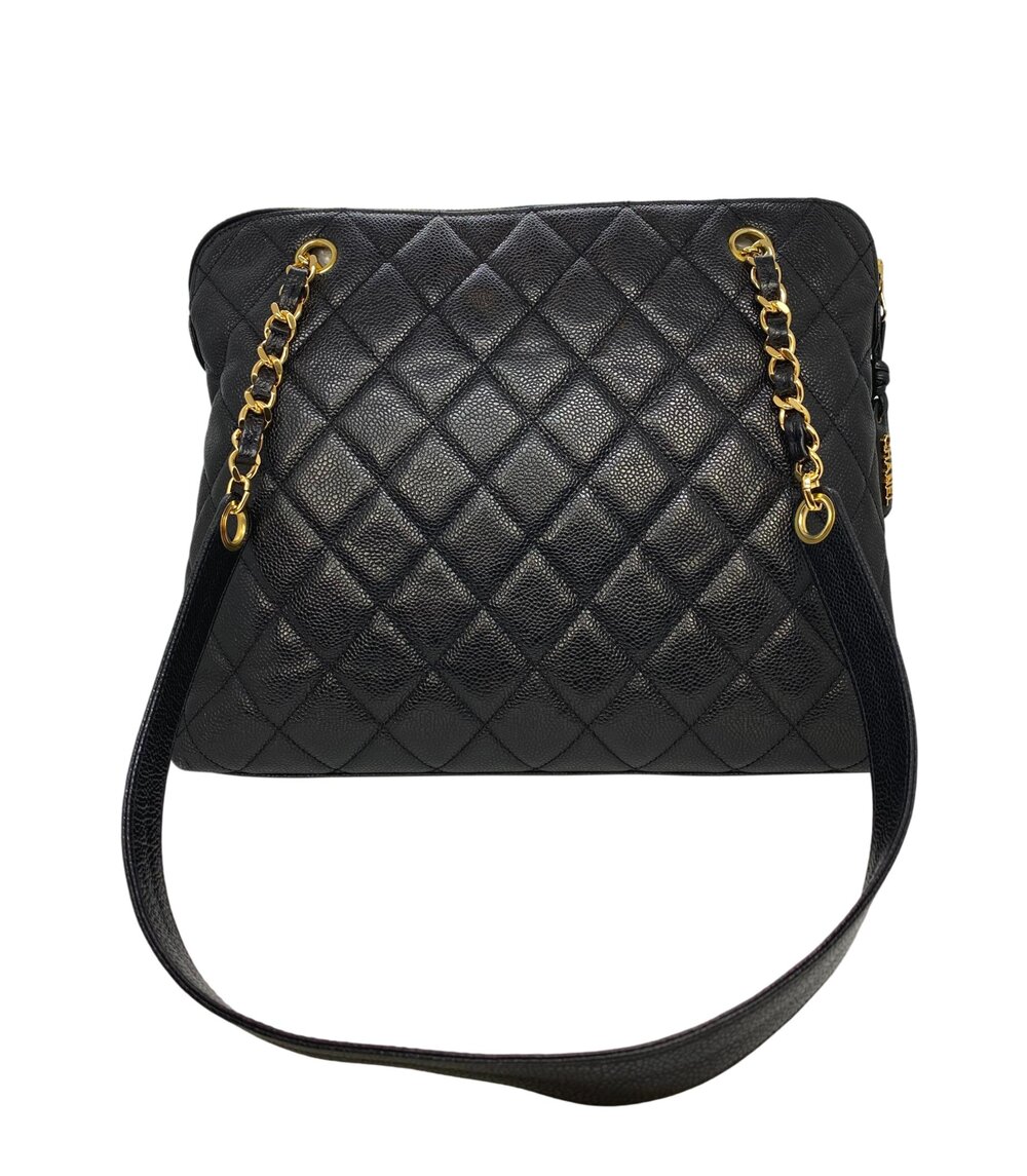 Chanel Vintage Black Quilted Caviar Leather Shoulder Bag with Gold Hardware