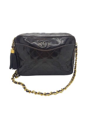 Black Shiny Quilted Lizard Round Tassel Bag Gold Hardware, 1986-1988, Handbags & Accessories, The Chanel Collection, 2022