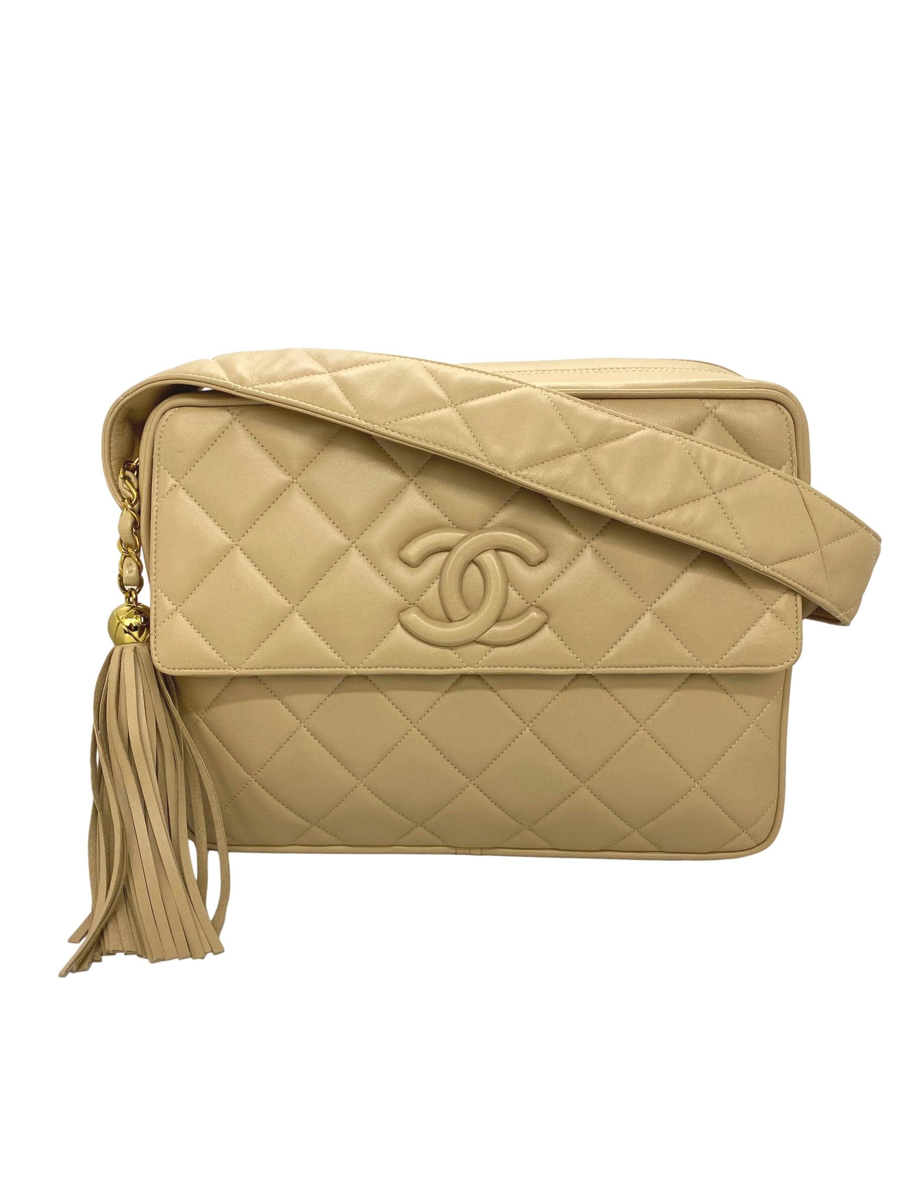 Chanel Vintage Beige Quilted Lambskin Leather Camera Bag with Gold Hardware