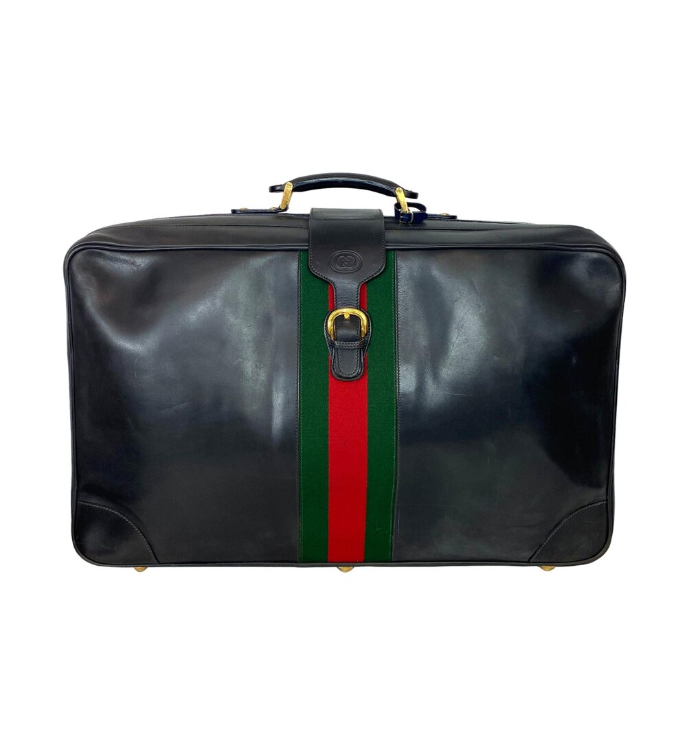 70s Authentic Gucci Medium Suitcase With Brown Stripe Gg Monogram