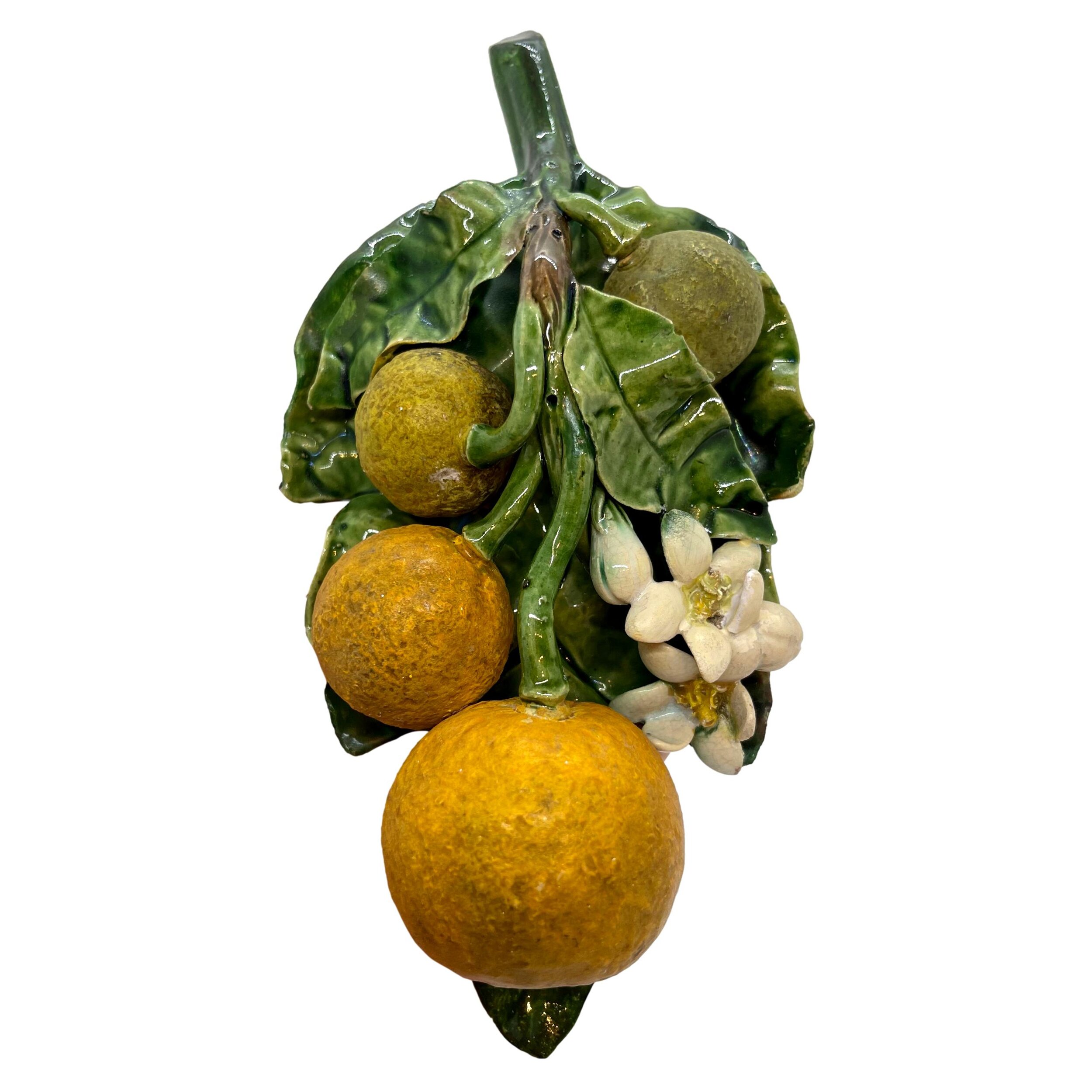 French Majolica Trompe L'oeil Wall Plaque with Oranges, Joseph Saissi, Menton