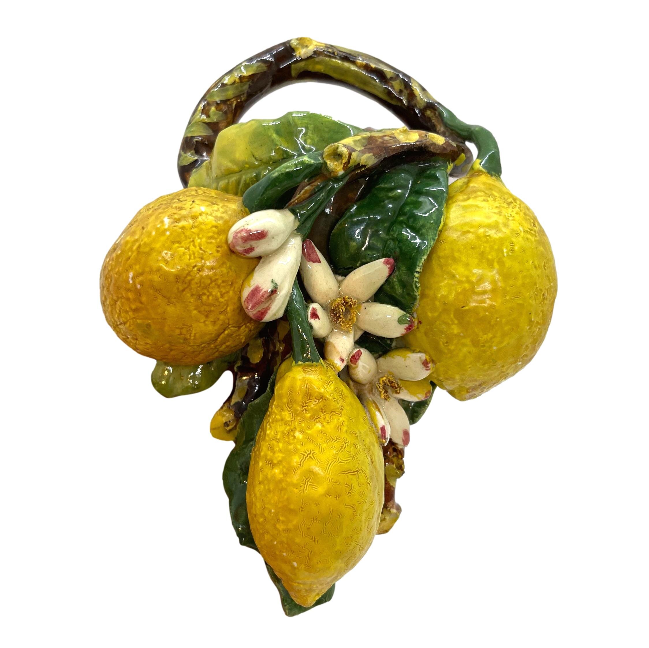 French Majolica Trompe L'oeil Wall Pocket with Lemons by Joseph Saissi, Menton