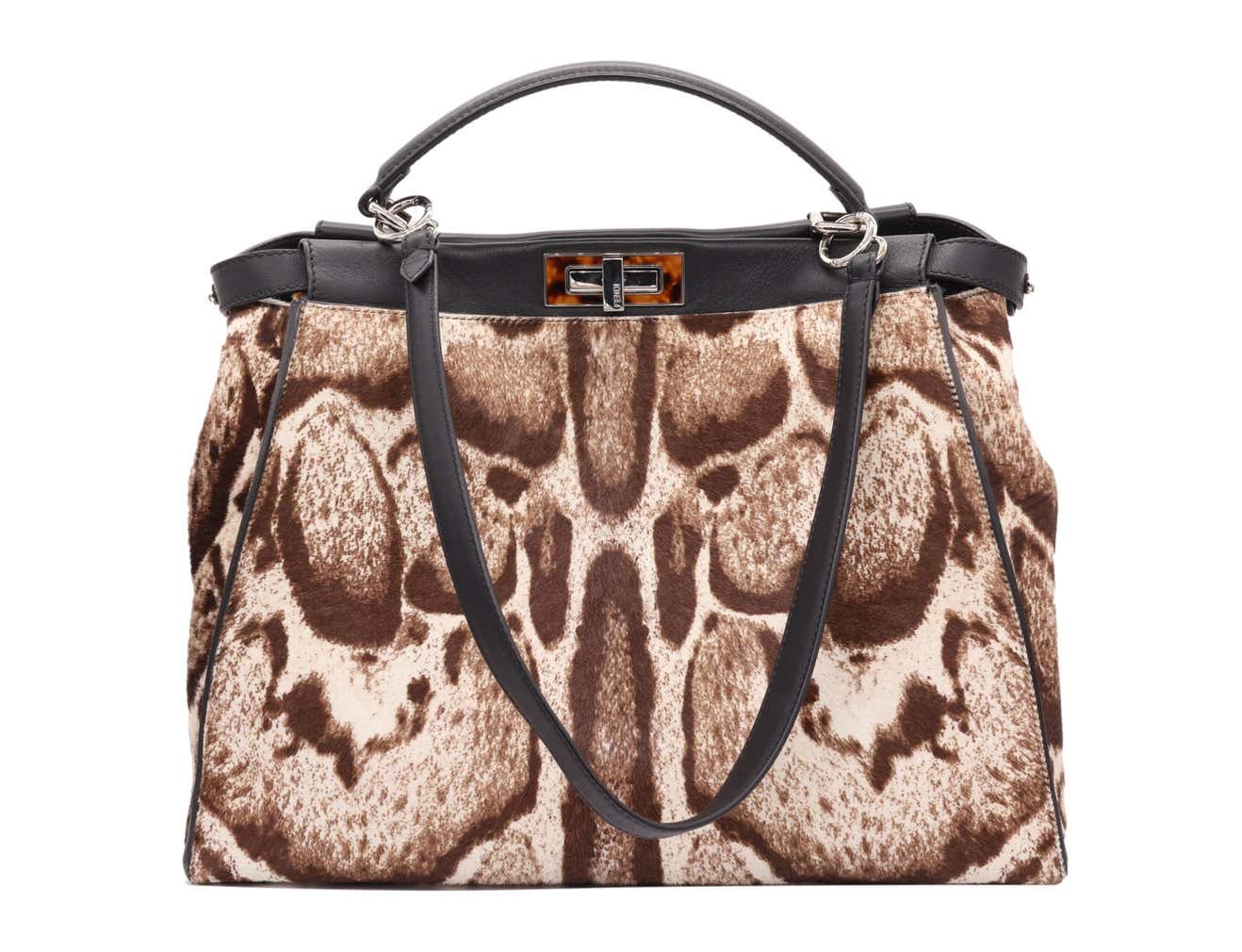 Fendi Brown and White Leopard Print Calf Hair Large Shoulder Peekaboo Tote Bag
