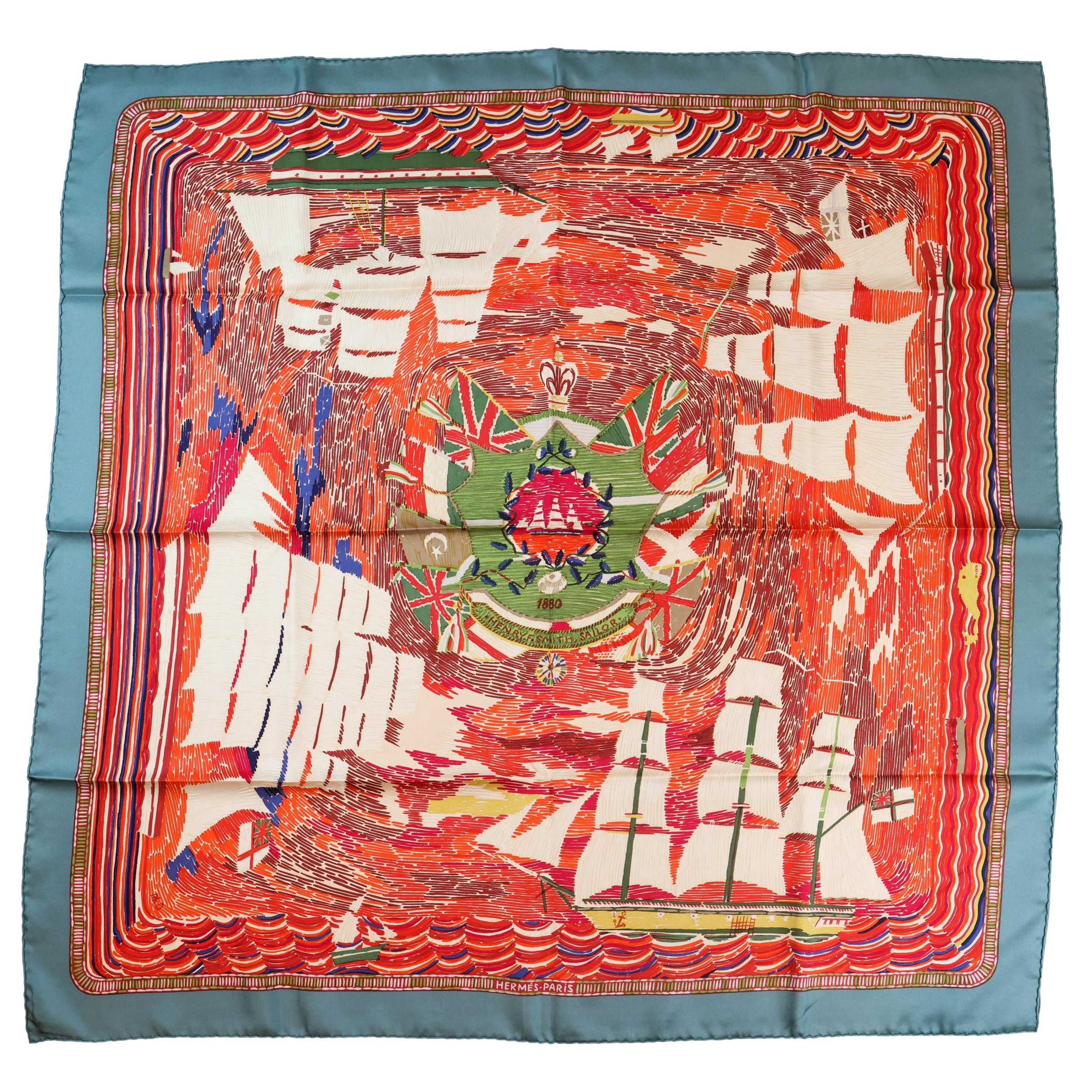 Hèrmes "Marine Naїve" 90cm Silk Twill Scarf by Philippe Dumas, 1992.
