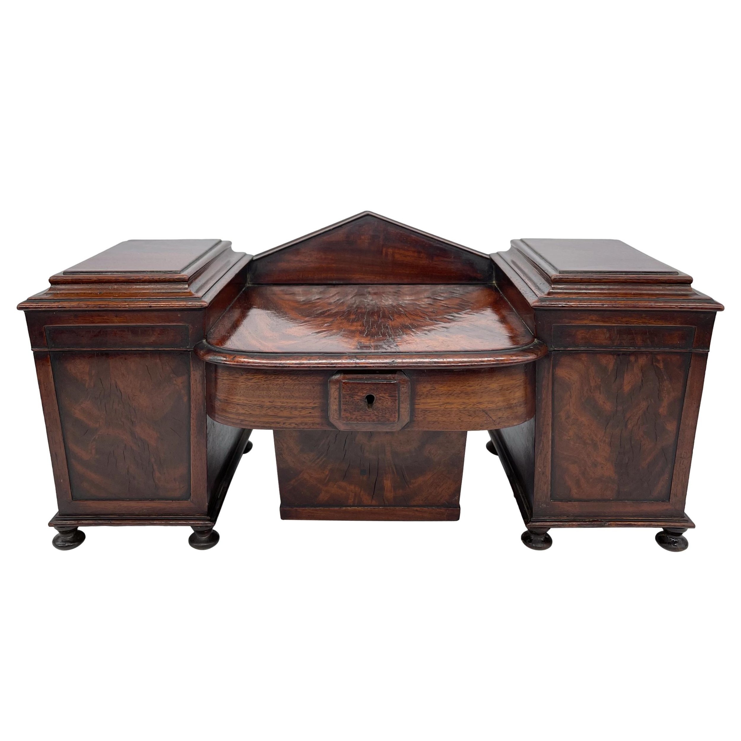 William IV Miniature Sideboard-Form Flame Mahogany Tea Caddy, English, ca. 1835