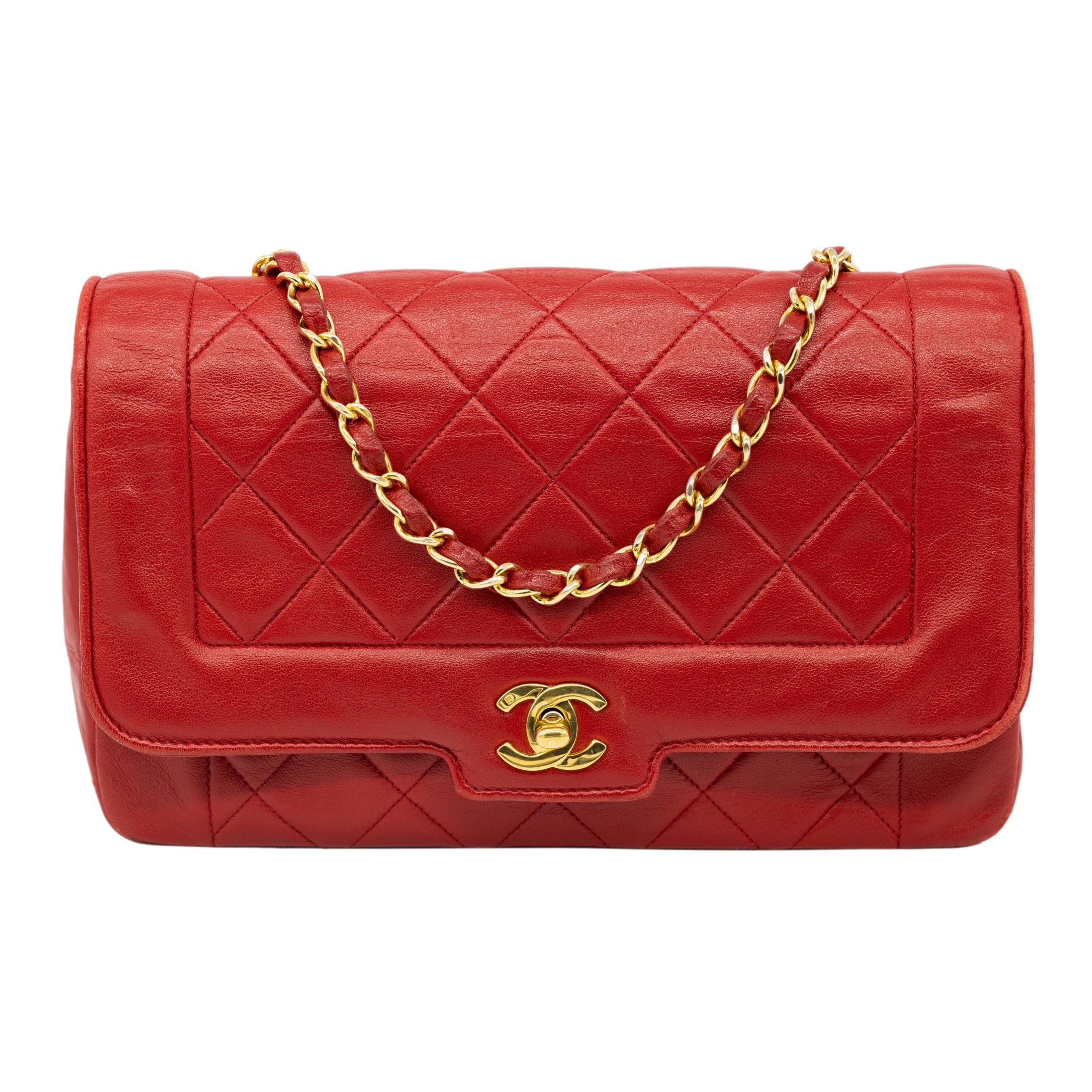 Chanel Diana Quilted Red Lambskin Flap Mademoiselle Chain Shoulder Bag, 1989.