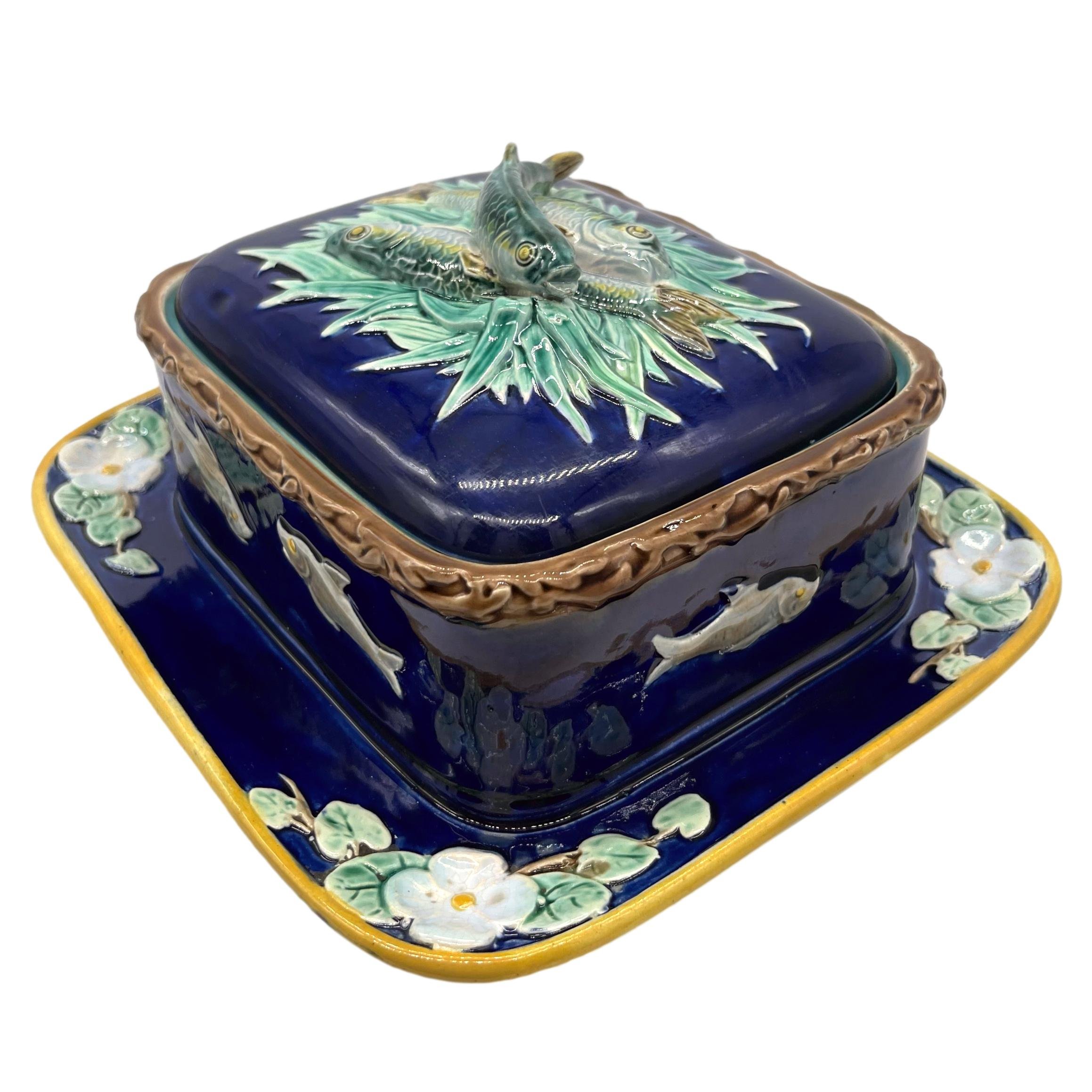 Holdcroft Majolica Sardine Box with Fish and Water Lilies on Cobalt, Ca. 1875