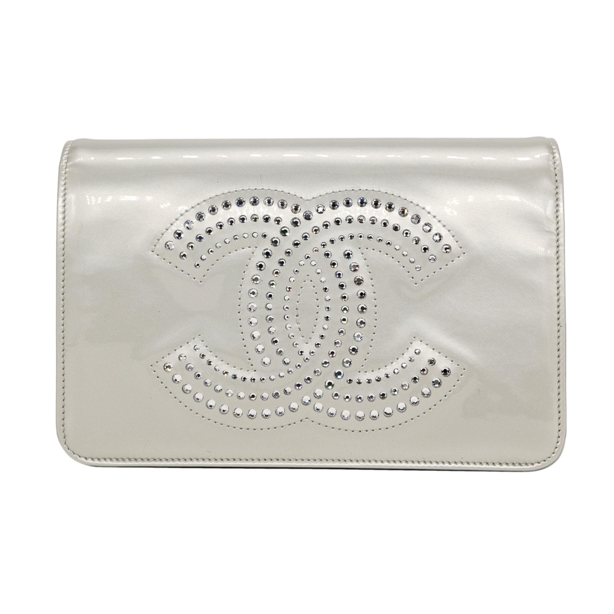 Chanel Silver Patent Leather Strass Wallet on Chain Clutch Crossbody Bag, 2009
