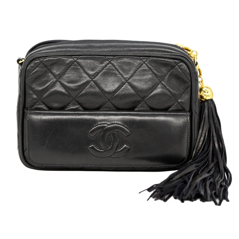 CHANEL Black Lambskin Leather Gold Tassel Evening Small Camera Shoulder Bag  For Sale at 1stDibs