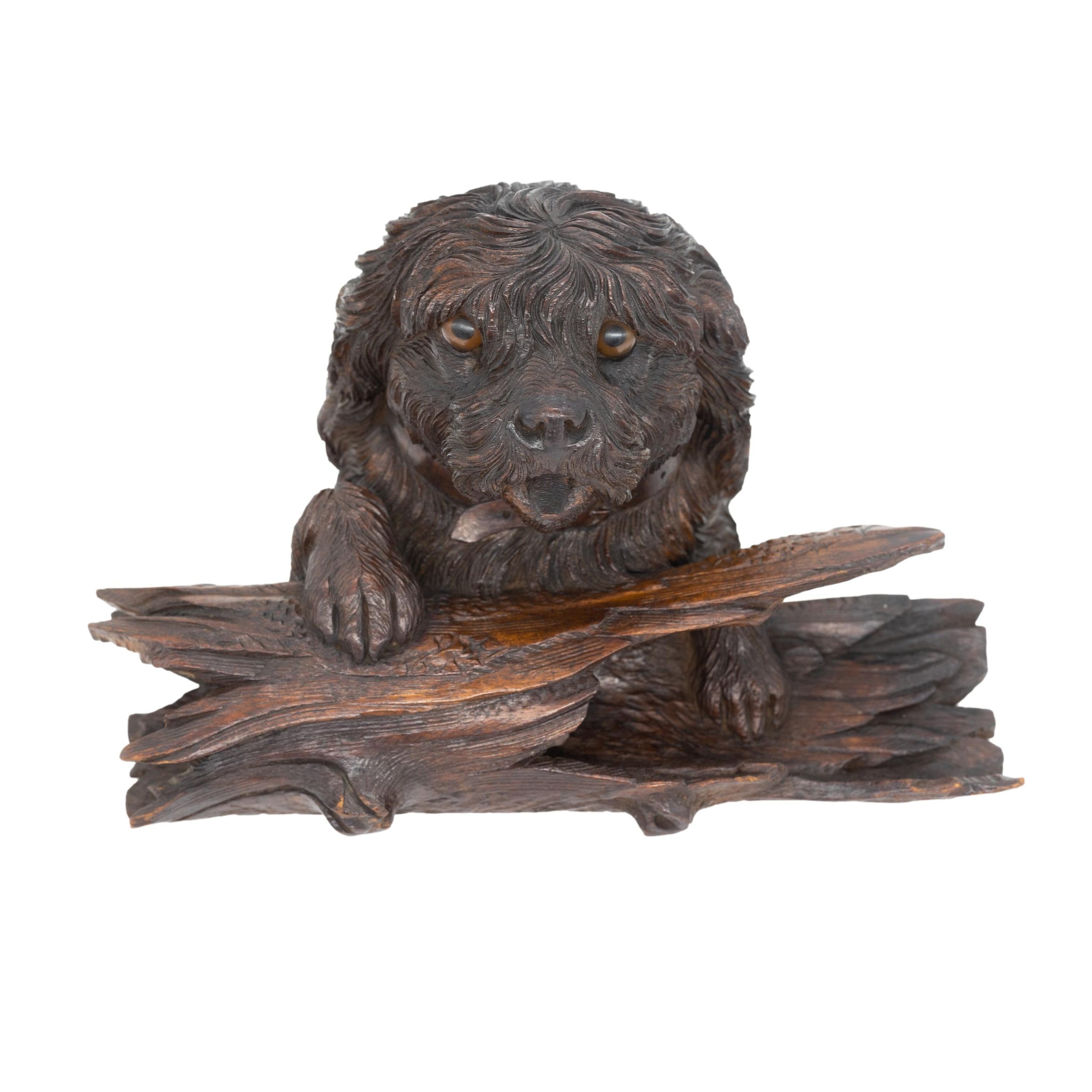 Black Forest Carved Large Terrier Inkwell, Hinged Lid, Exceptional Carving