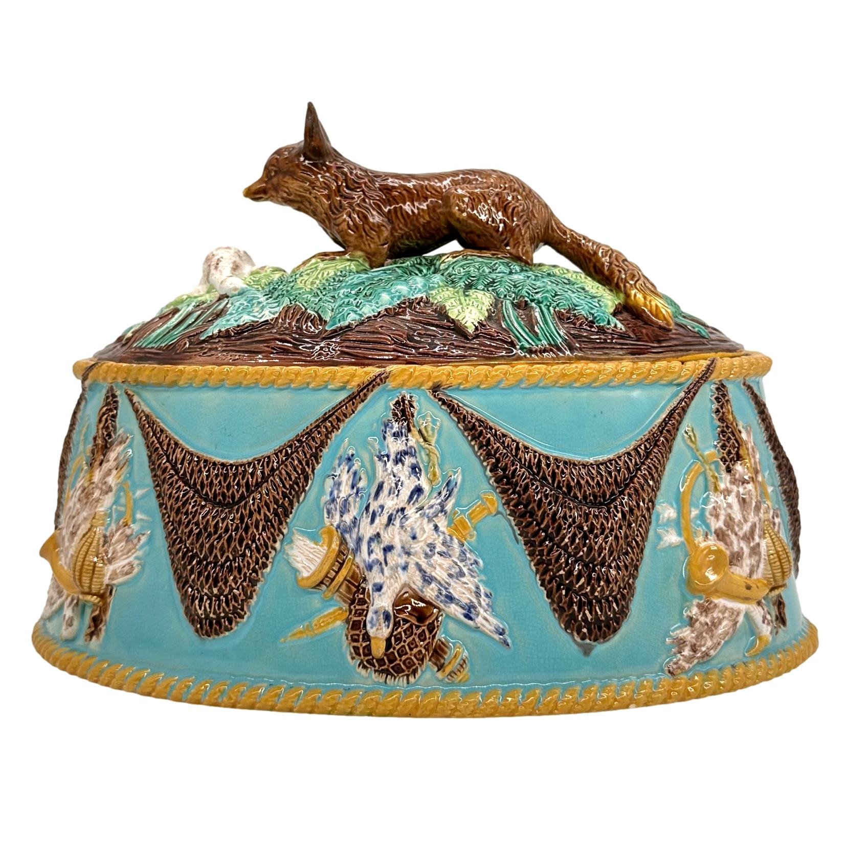 George Jones Majolica Game Tureen with Fox, Turquoise Ground, English, ca. 1870