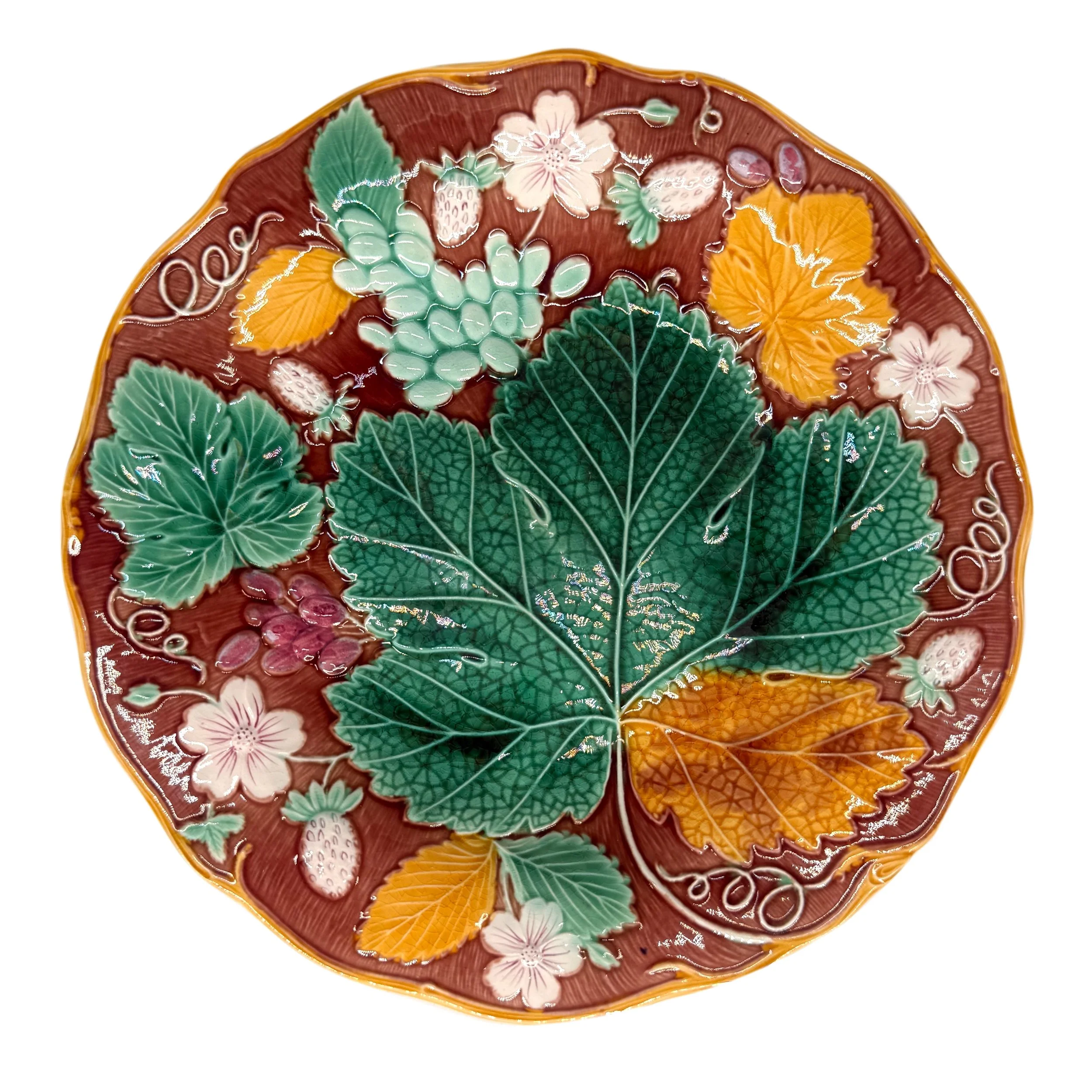 Wedgwood Majolica 'Vine & Strawberry' Plate on a Brown Ground, English, ca. 1896