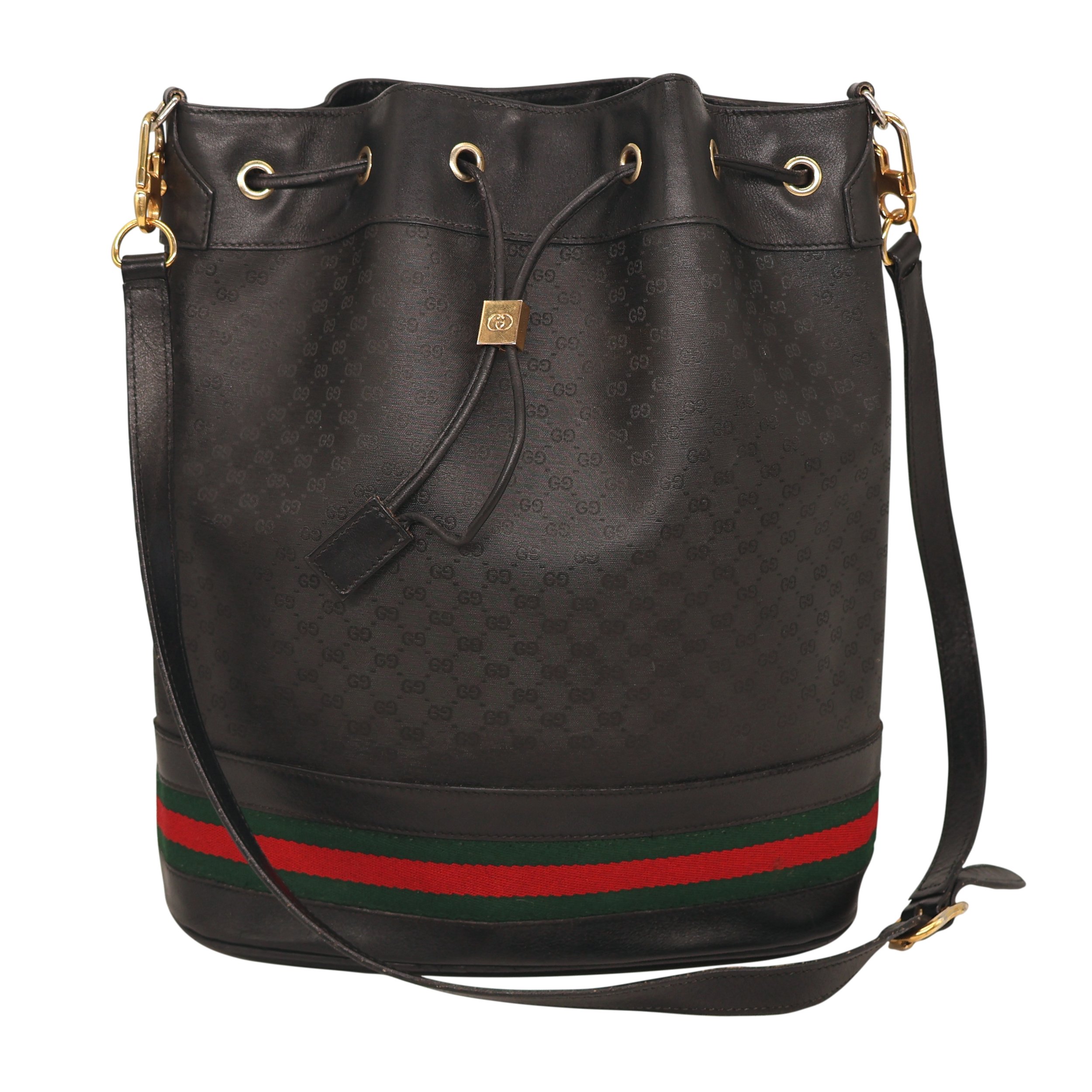Gucci Black Leather and Canvas Micro Guccissima Drawstring Sherry Line Bag, 1980.