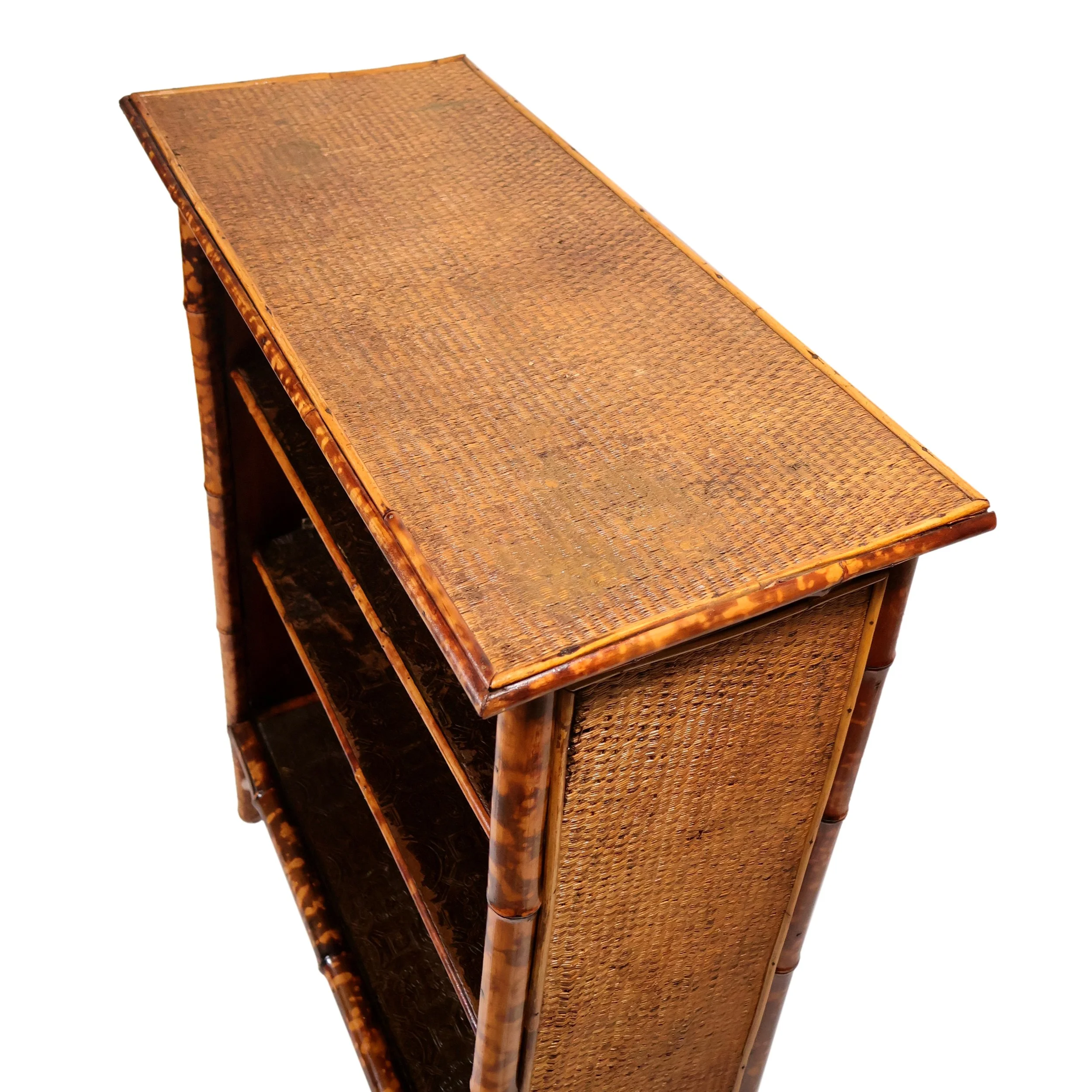 Top View of a Victorian Bamboo Bookcase with Raffia Top & Shelves