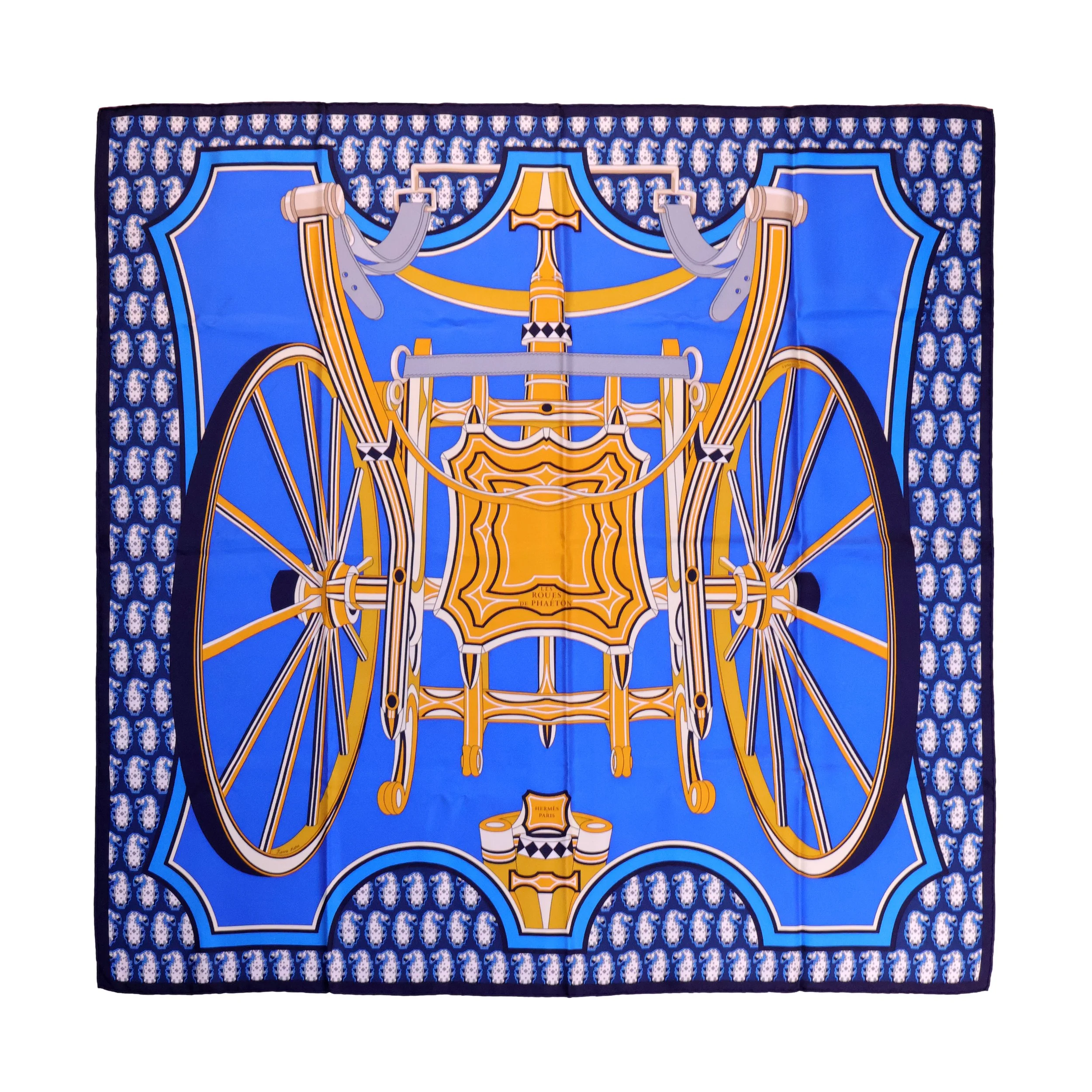 Hermès "Les Roues de Phaeton" Blue Silk Twill Scarf by Pierre Marie Agin, 2020