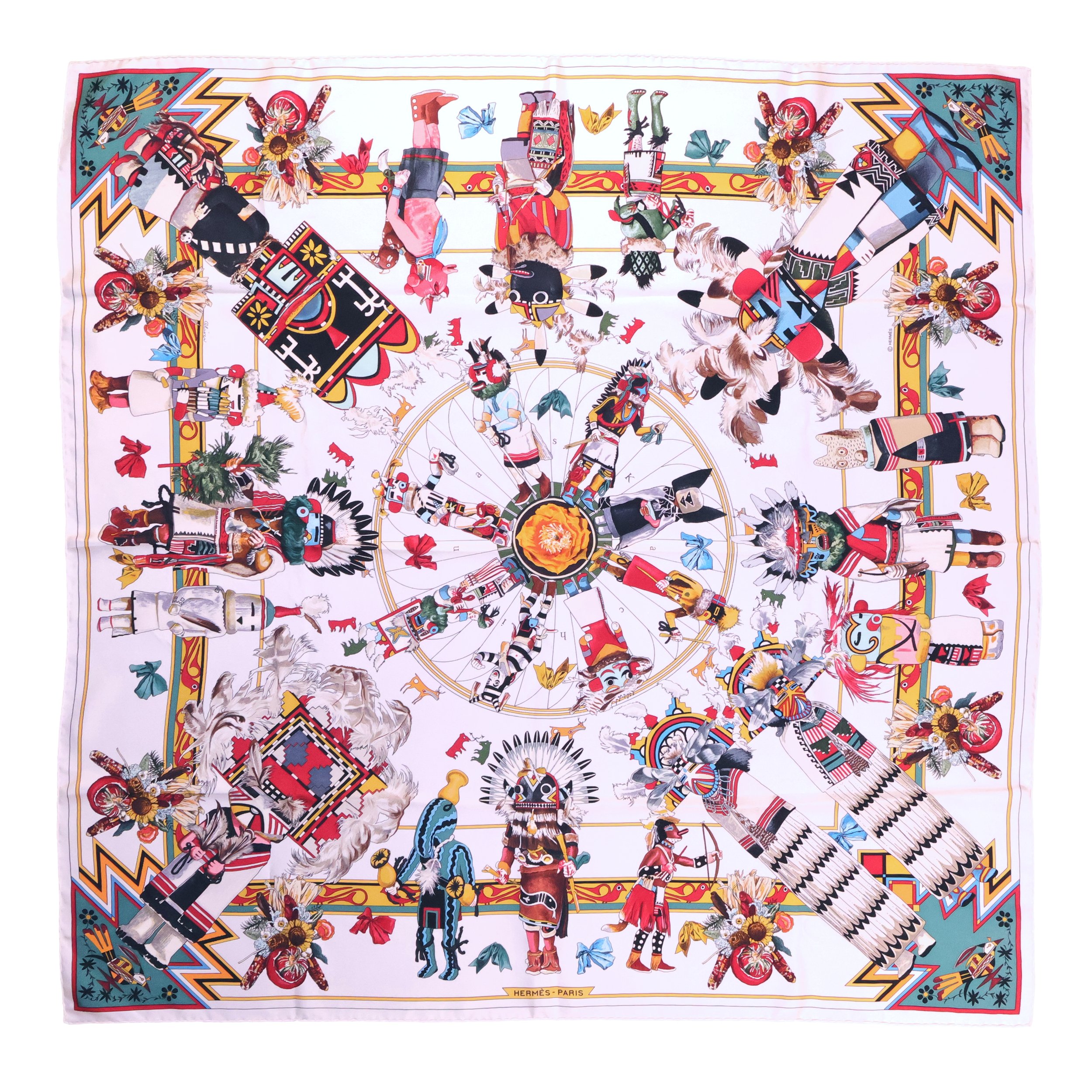 Hermès "Kachinas" 90cm White & Multi Color Silk Scarf by Kermit Oliver, 2004